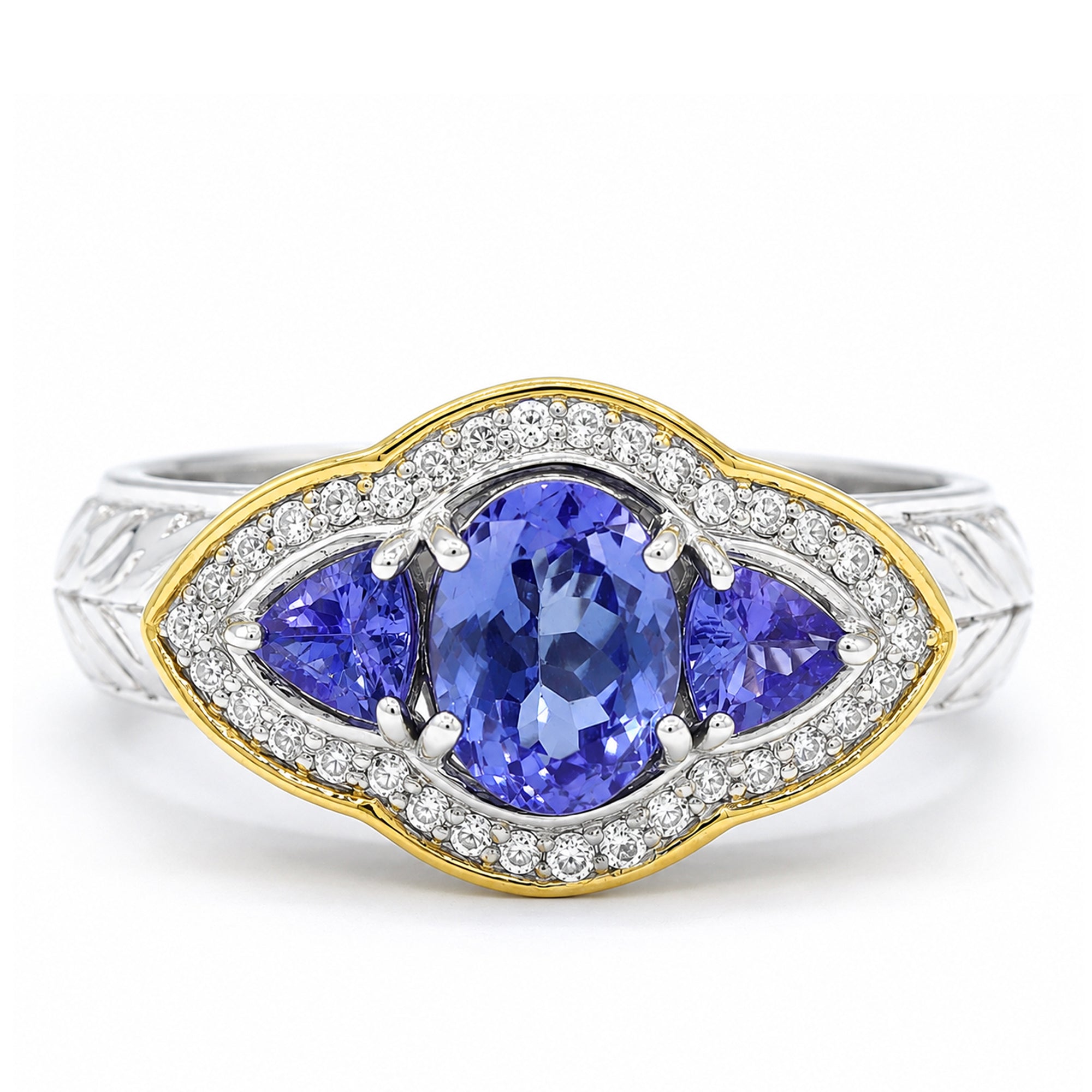 Gems en Vogue 24K Palladium Silver 1.98ctw Tanzanite & White Zircon Three Stone Ring