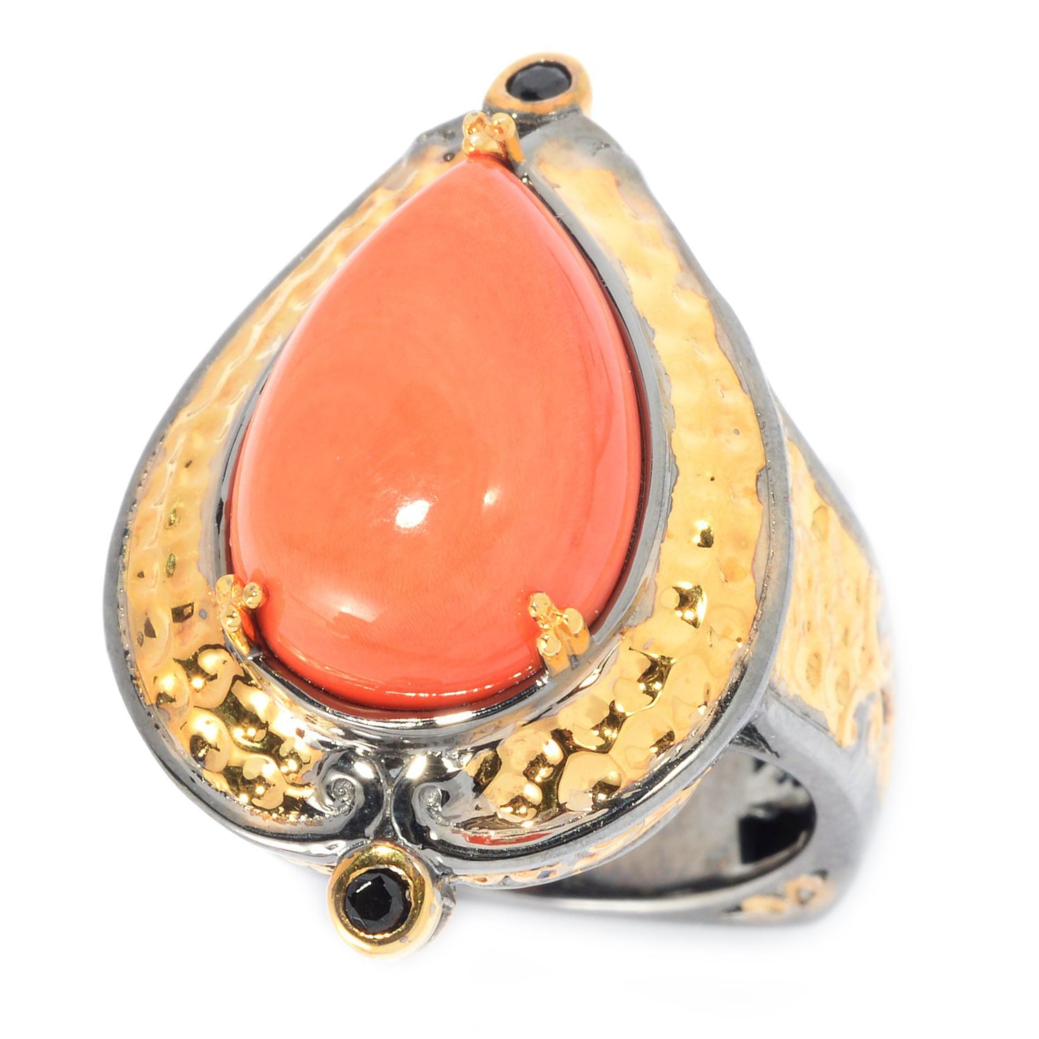Gems en Vogue Salmon Coral & Black Spinel Pear Ring