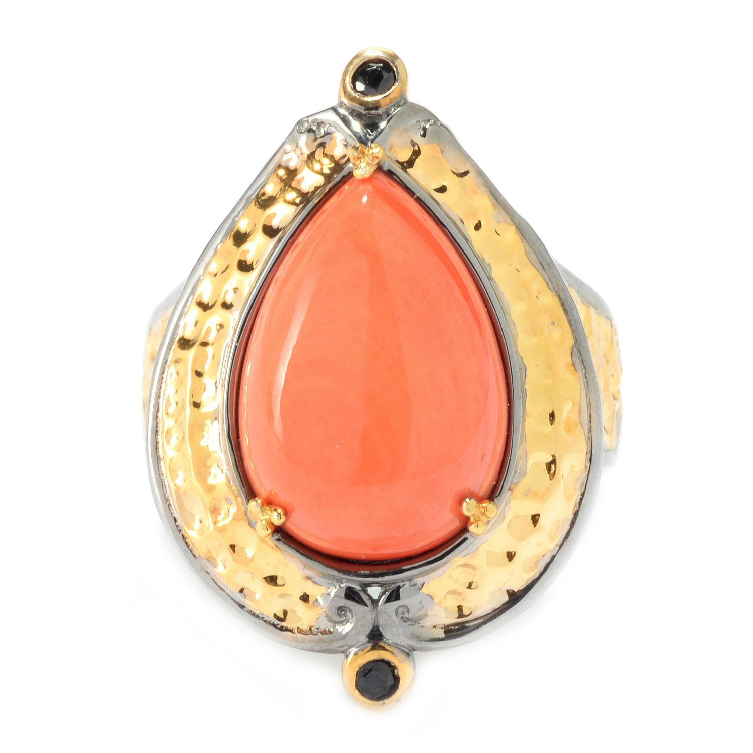 Gems en Vogue Salmon Coral & Black Spinel Pear Ring