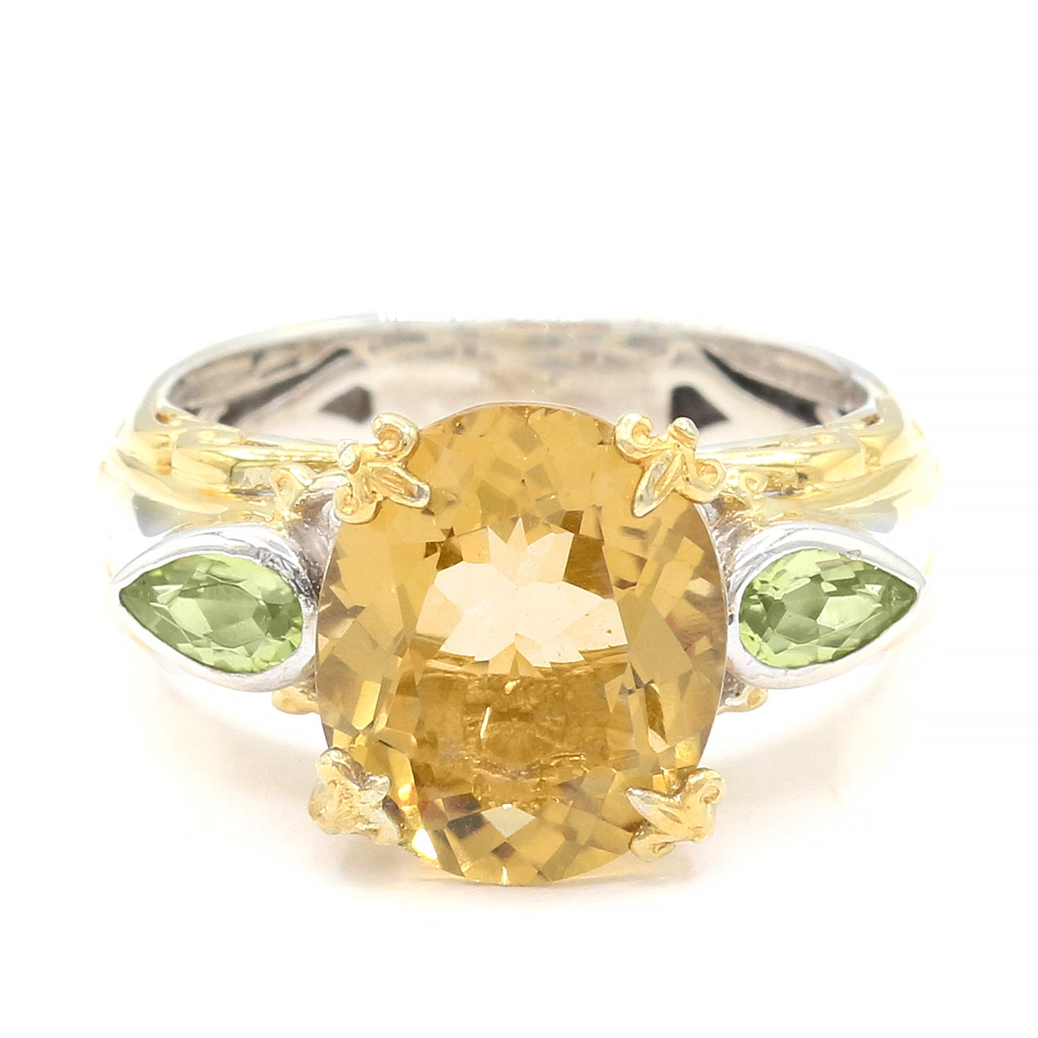 Citrine Peridot Ring in blackened Sterling Silver with Gold plating, size 7 1/4, statement 2024 ring, black yellow gemstone ring