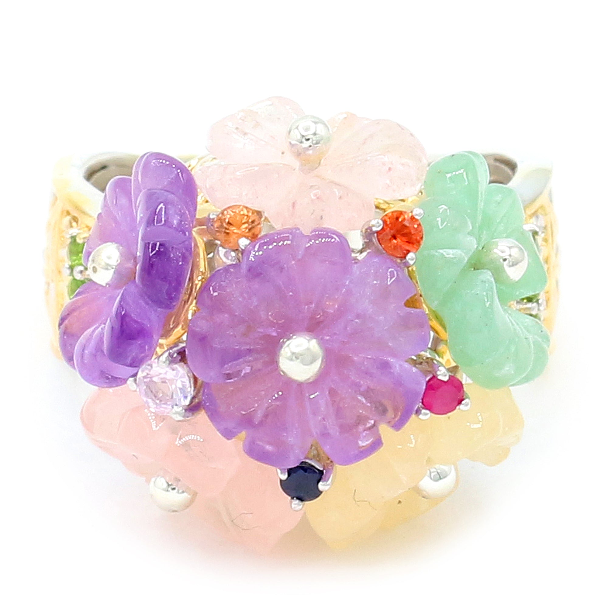 Gems en Vogue 24K Palladium Silver Multi Gemstones Carved Flower Ring