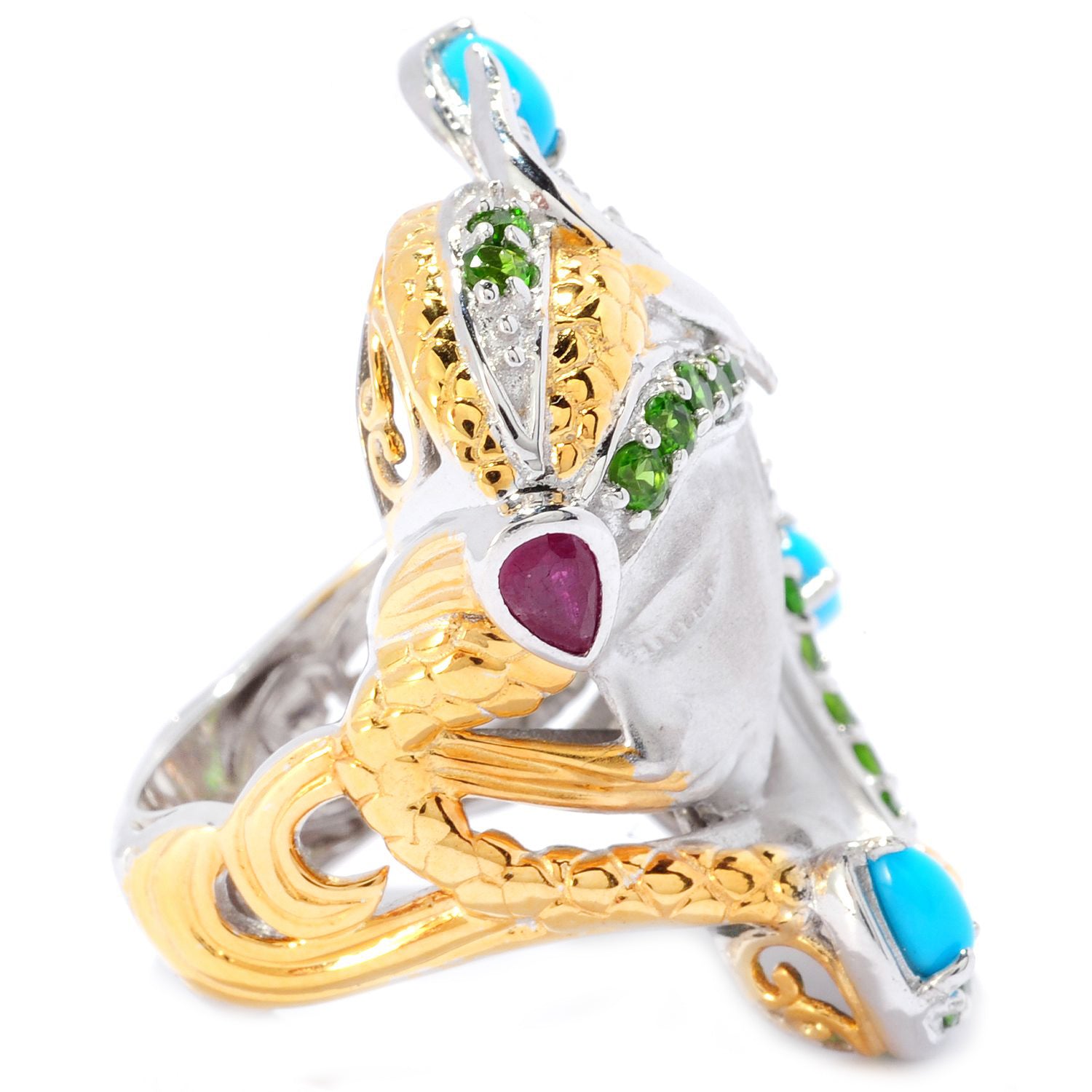 Gems en Vogue 2.00ctw Chrome Diopside, Sleeping Beauty Turquoise & Ruby Native Ring