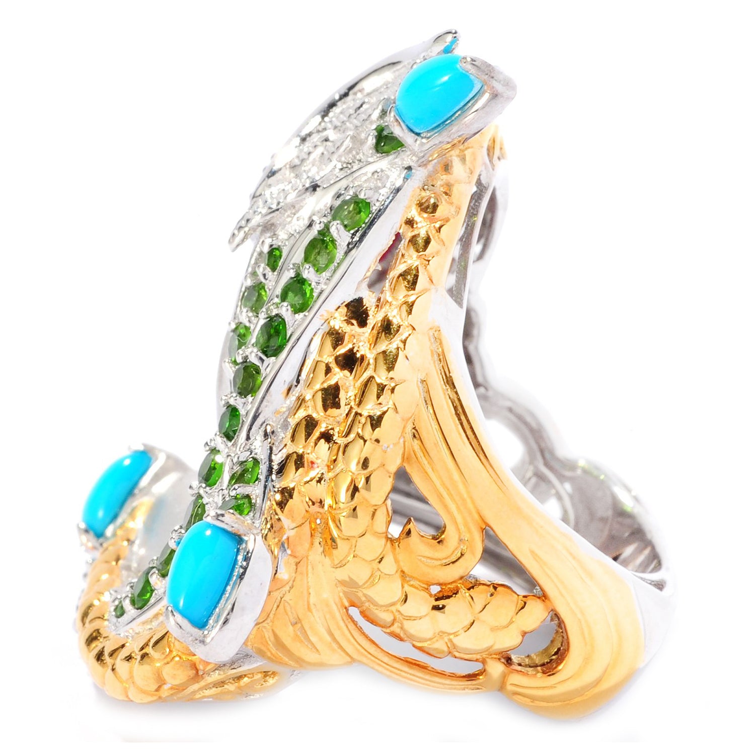 Gems en Vogue 2.00ctw Chrome Diopside, Sleeping Beauty Turquoise & Ruby Native Ring