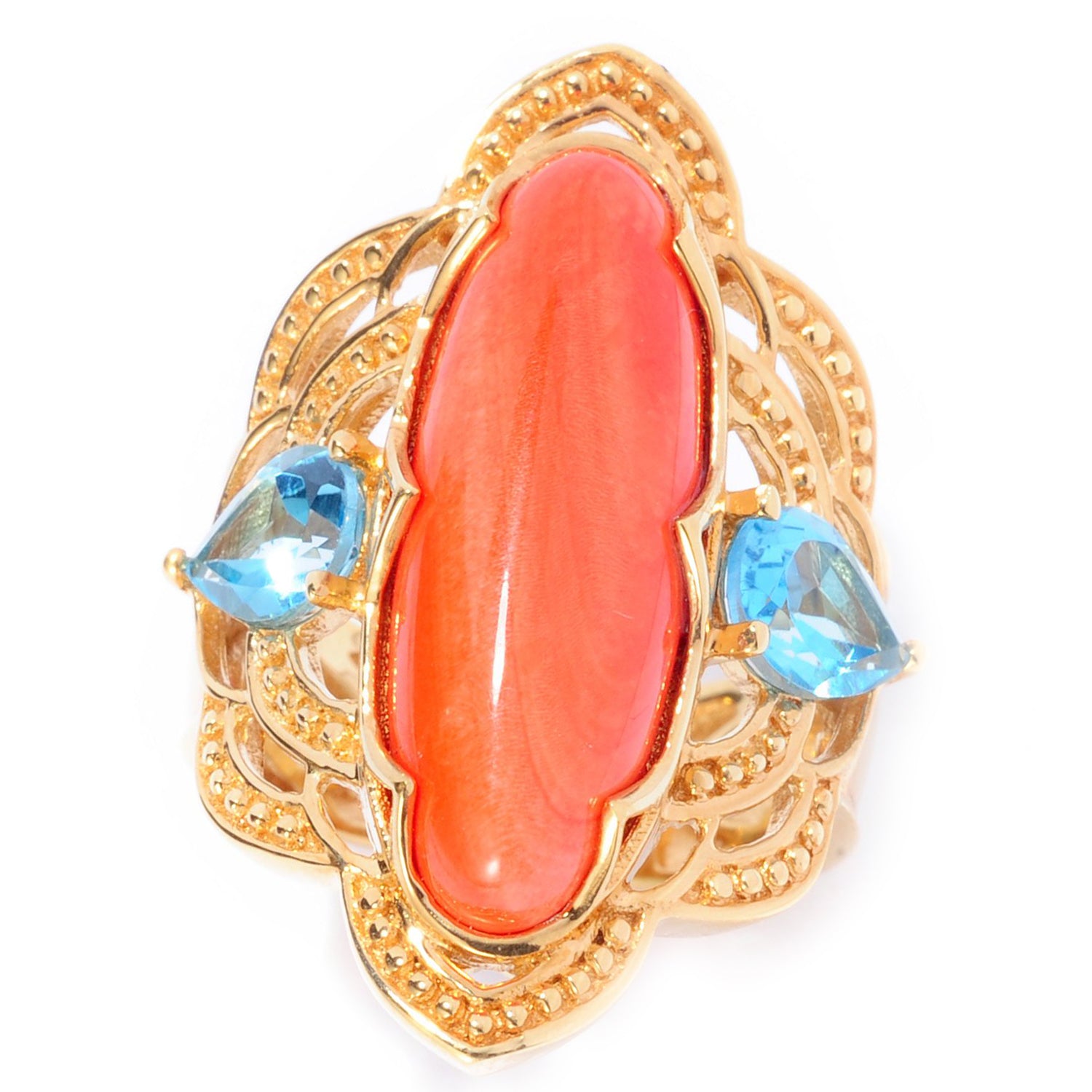 Gems en Vogue Salmon Coral & Swiss Blue Topaz Ring