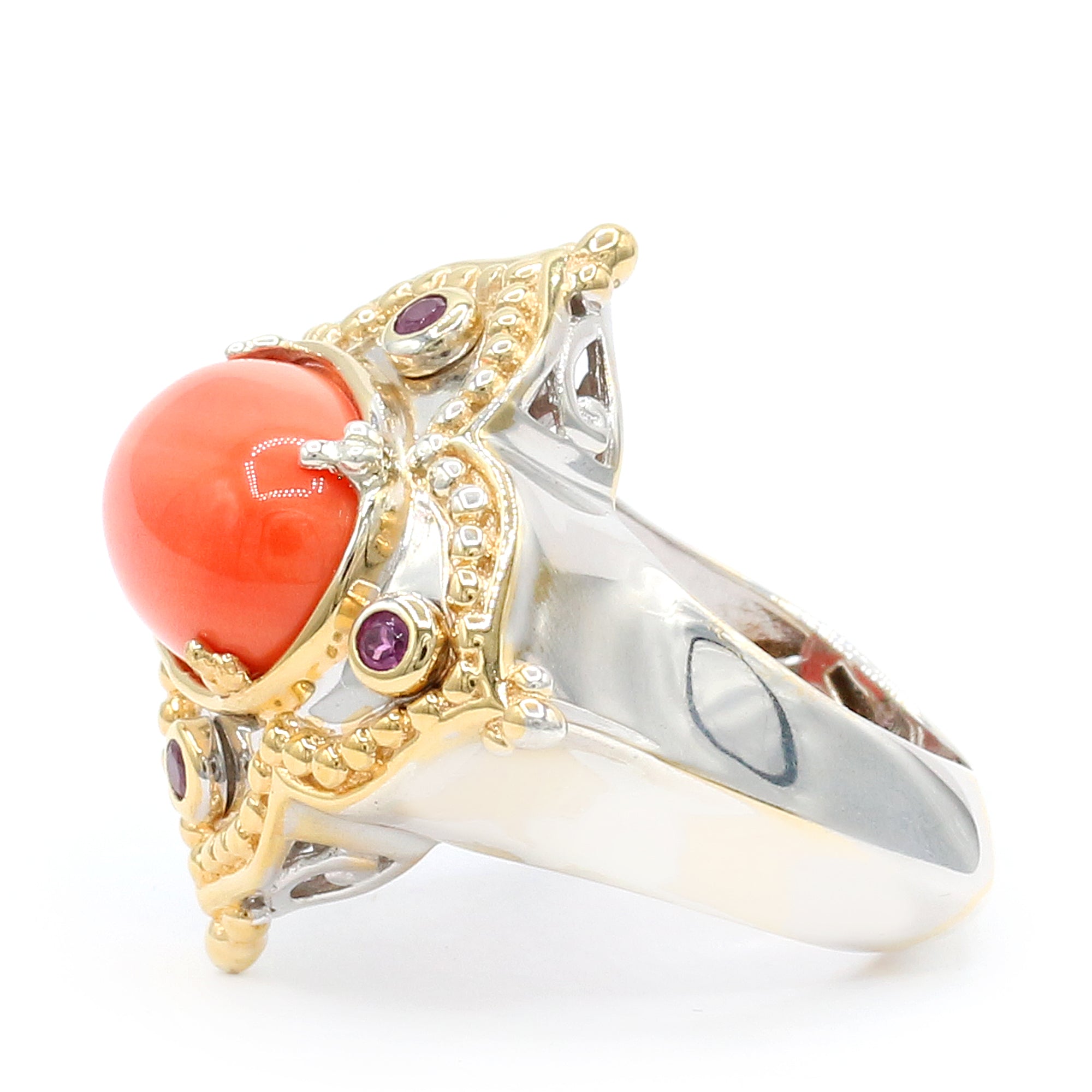 Gems en Vogue 24K Palladium Silver Salmon Coral & Rhodolite Garnet Etruscan Ring