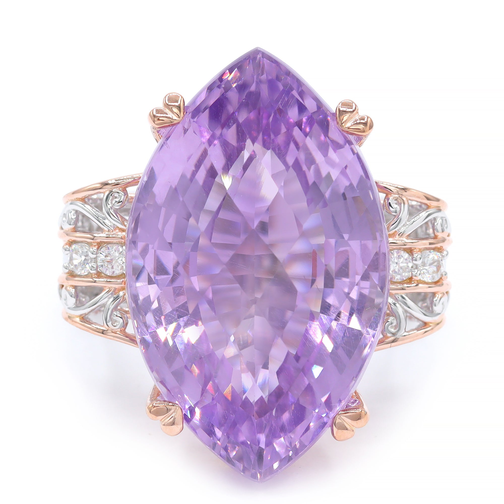 Bague Gems en Vogue en argent rhodié 18K, améthyste rose taille coussin de 4,03 carats et zircons blancs
