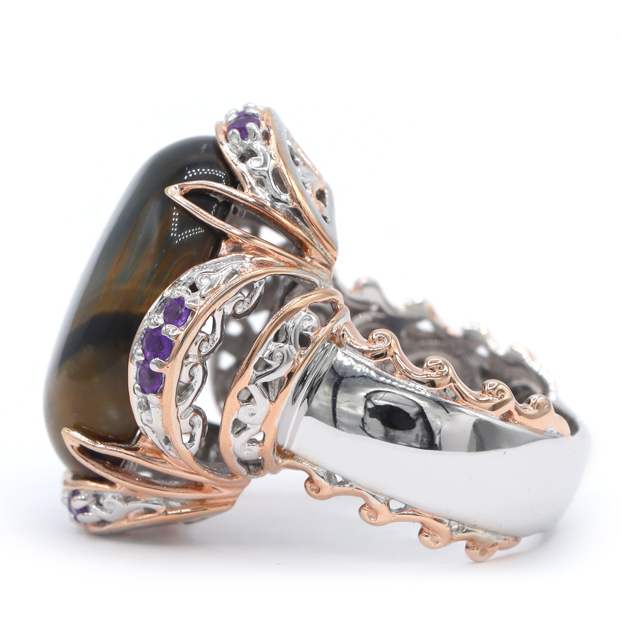 Gems en Vogue One-of-a-Kind 18K Palladium Silver Blue Tiger's Eye & African Amethyst Ring
