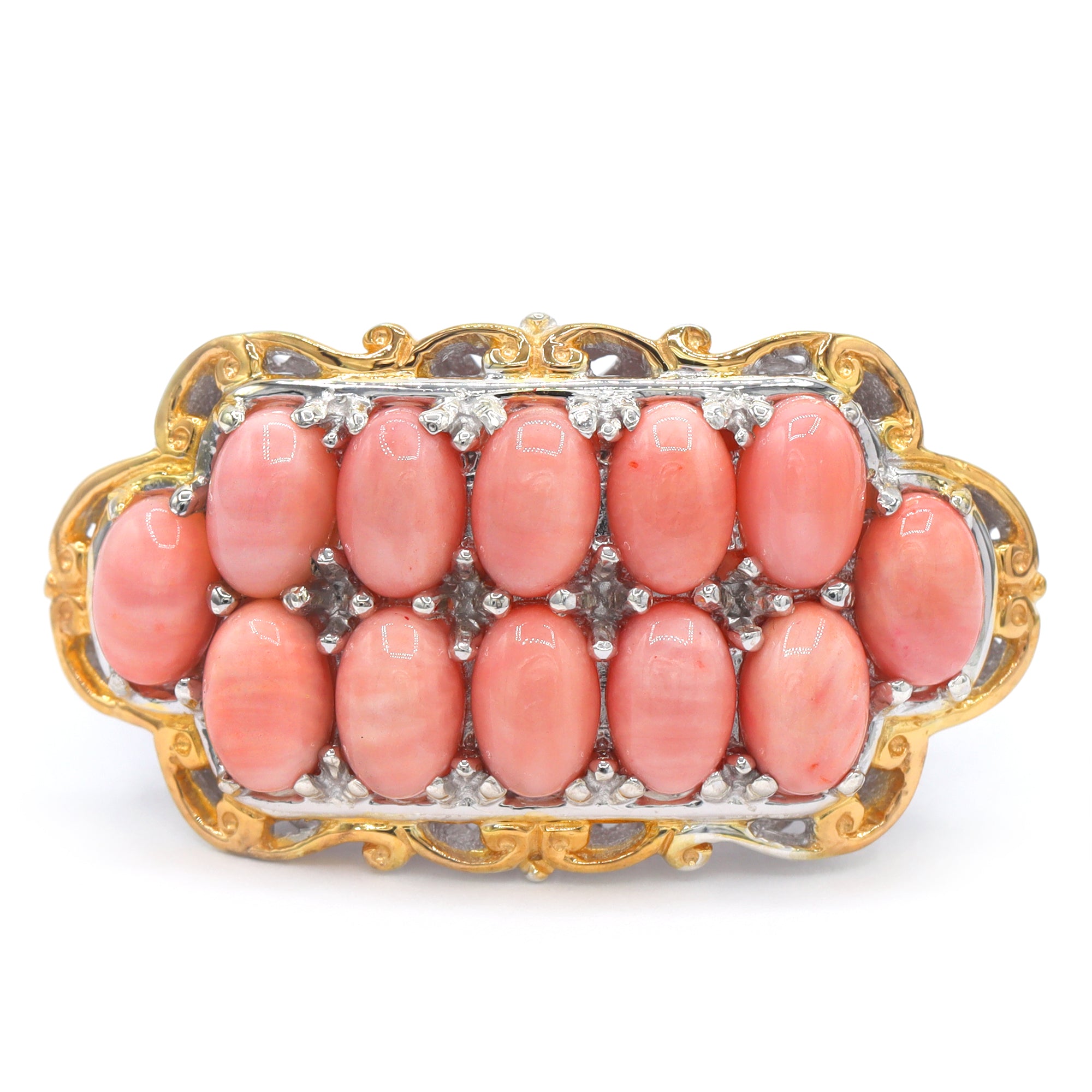 Gems en Vogue 24K Palladium Silver Pink Coral Double Row Ring