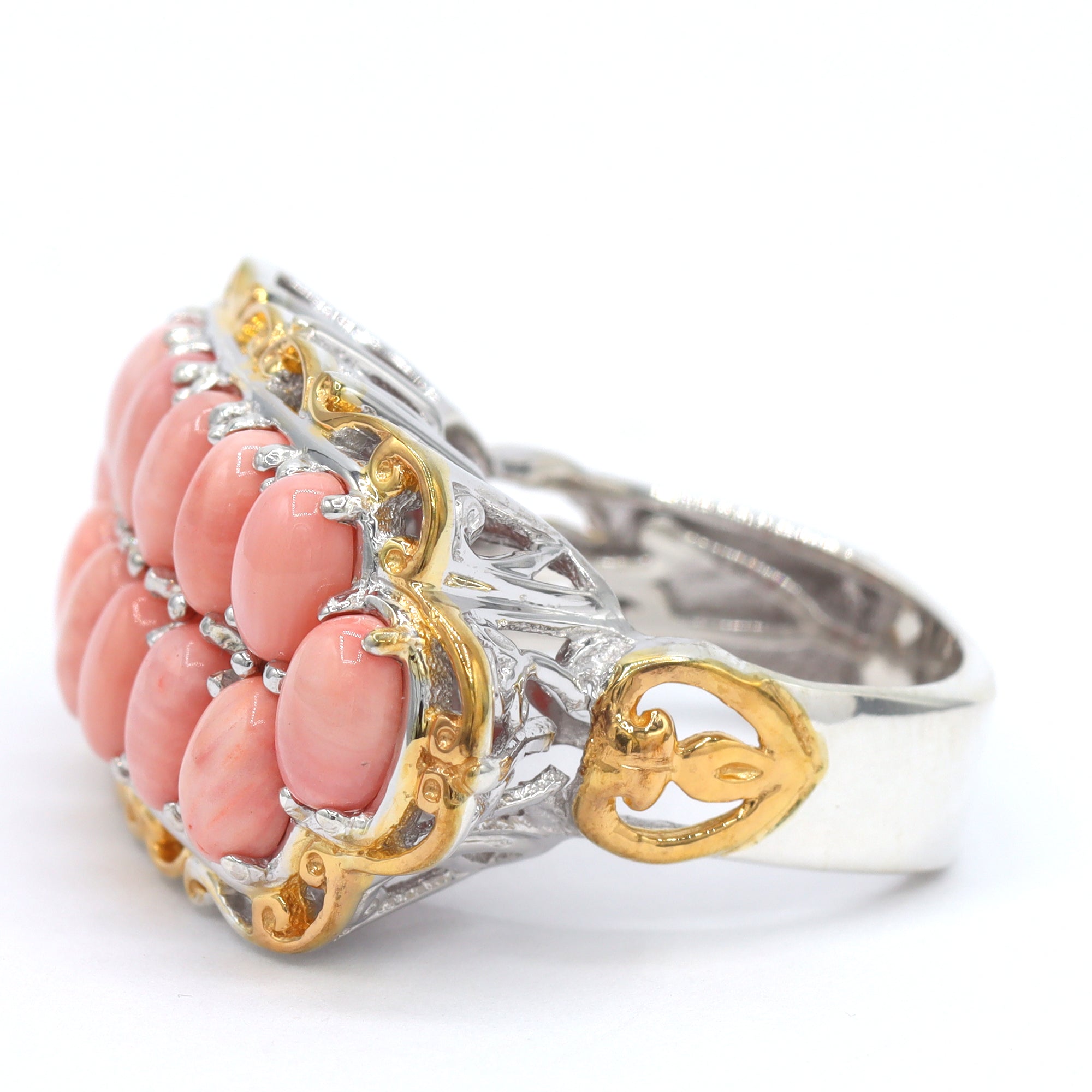 Gems en Vogue 24K Palladium Silver Pink Coral Double Row Ring