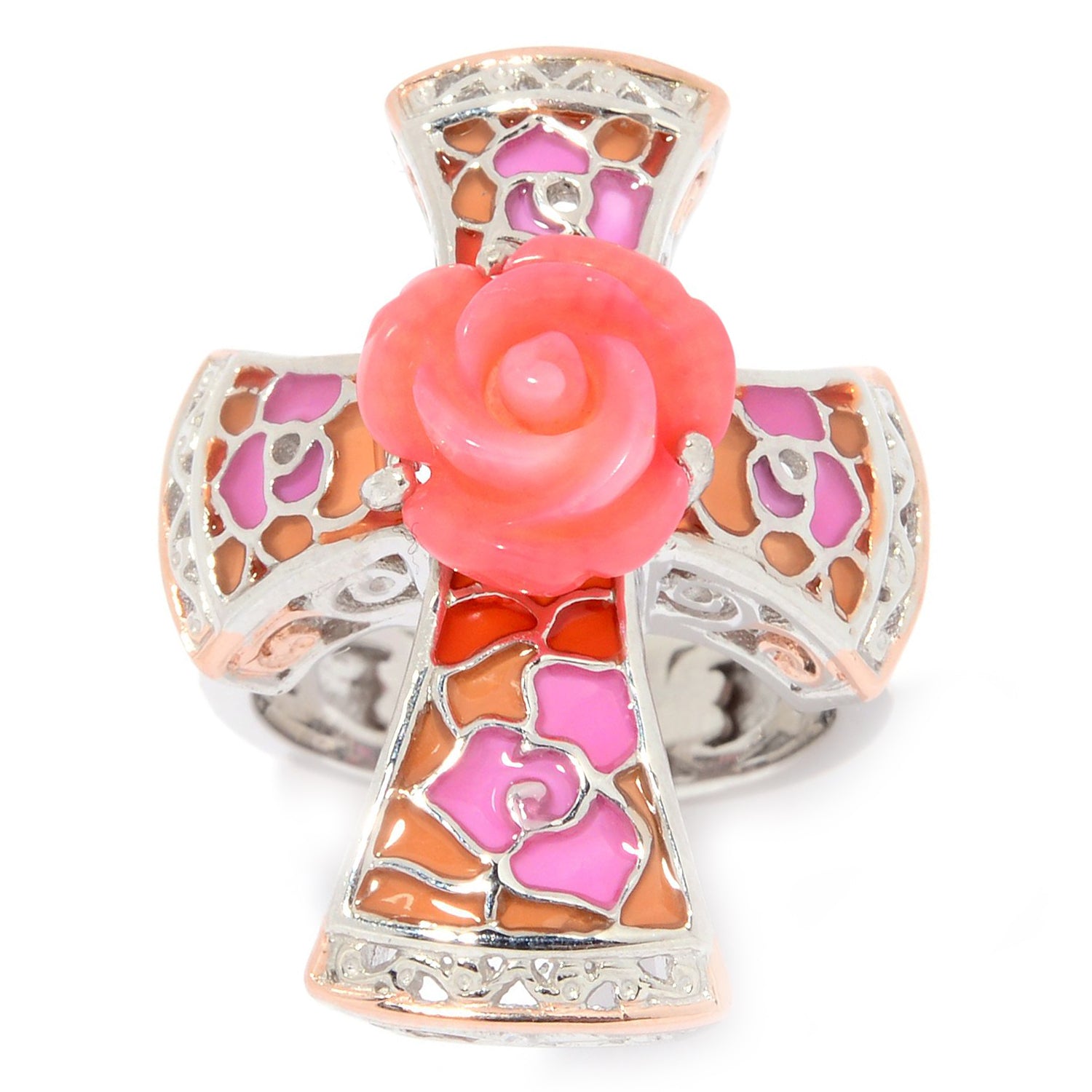 Gems en Vogue Salmon Coral Carved Rose Flower Enamel Cross Ring
