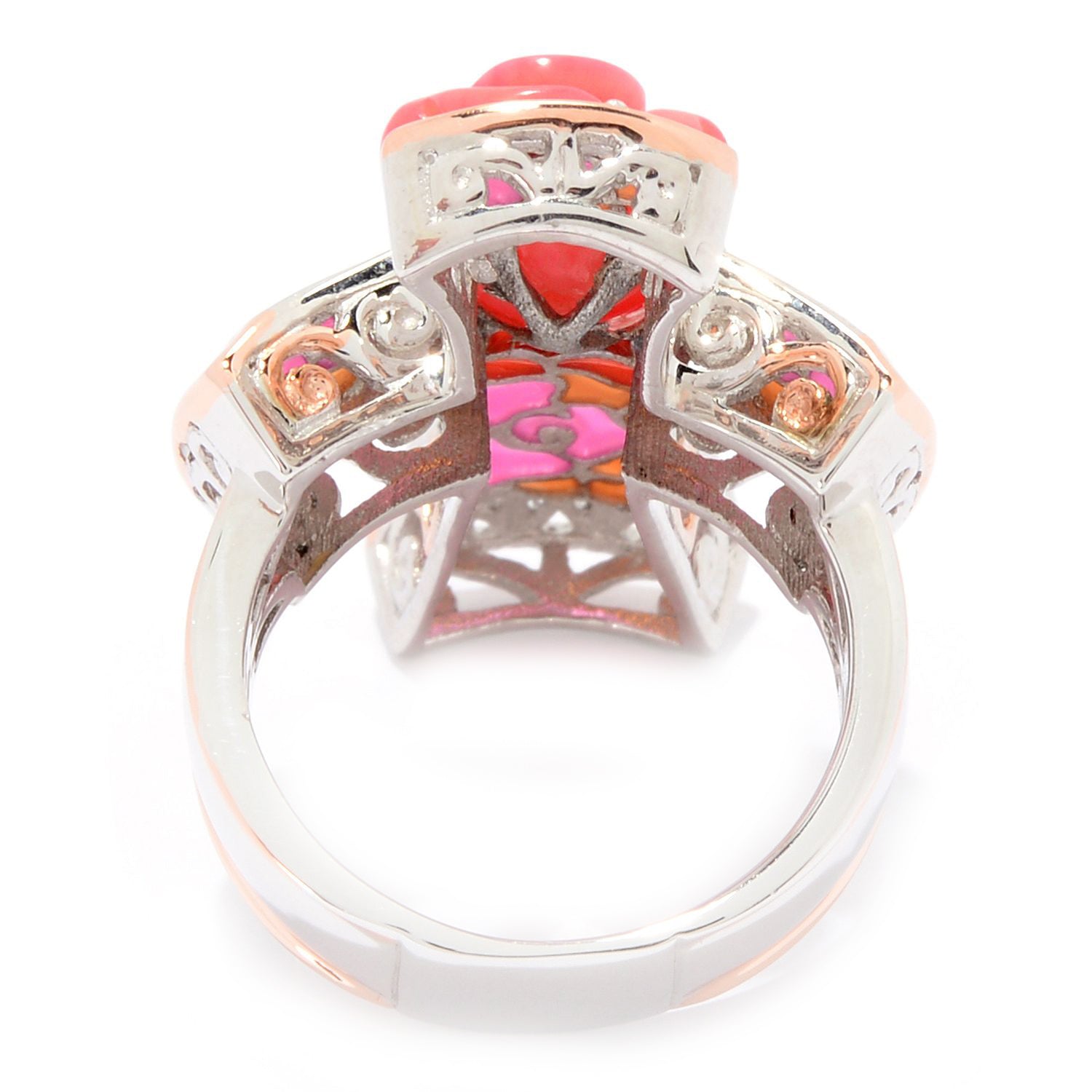 Gems en Vogue Salmon Coral Carved Rose Flower Enamel Cross Ring