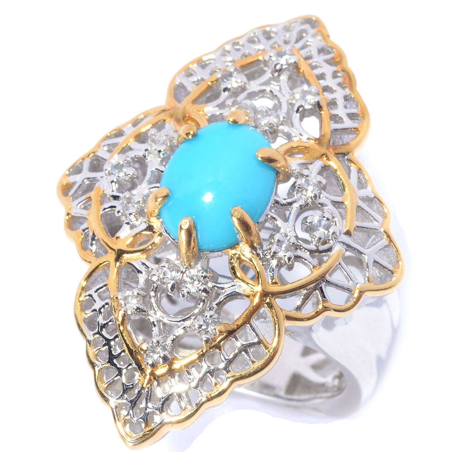 Gems en Vogue Italy Sleeping Beauty Turquoise & White Zircon Scrollwork Ring
