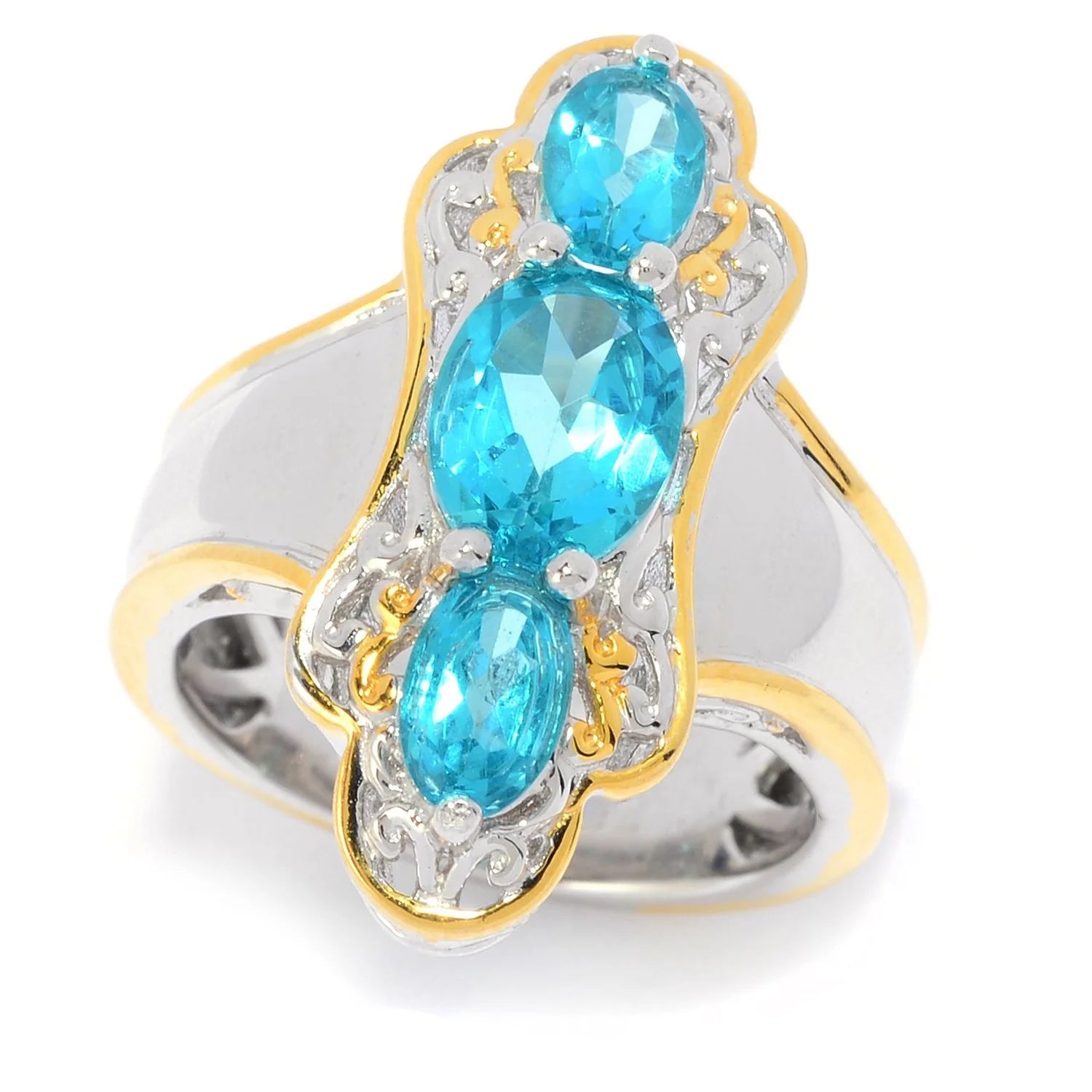 Gems en Vogue 2.23ctw Paraiba Color Topaz Three-Stone North-South Ring