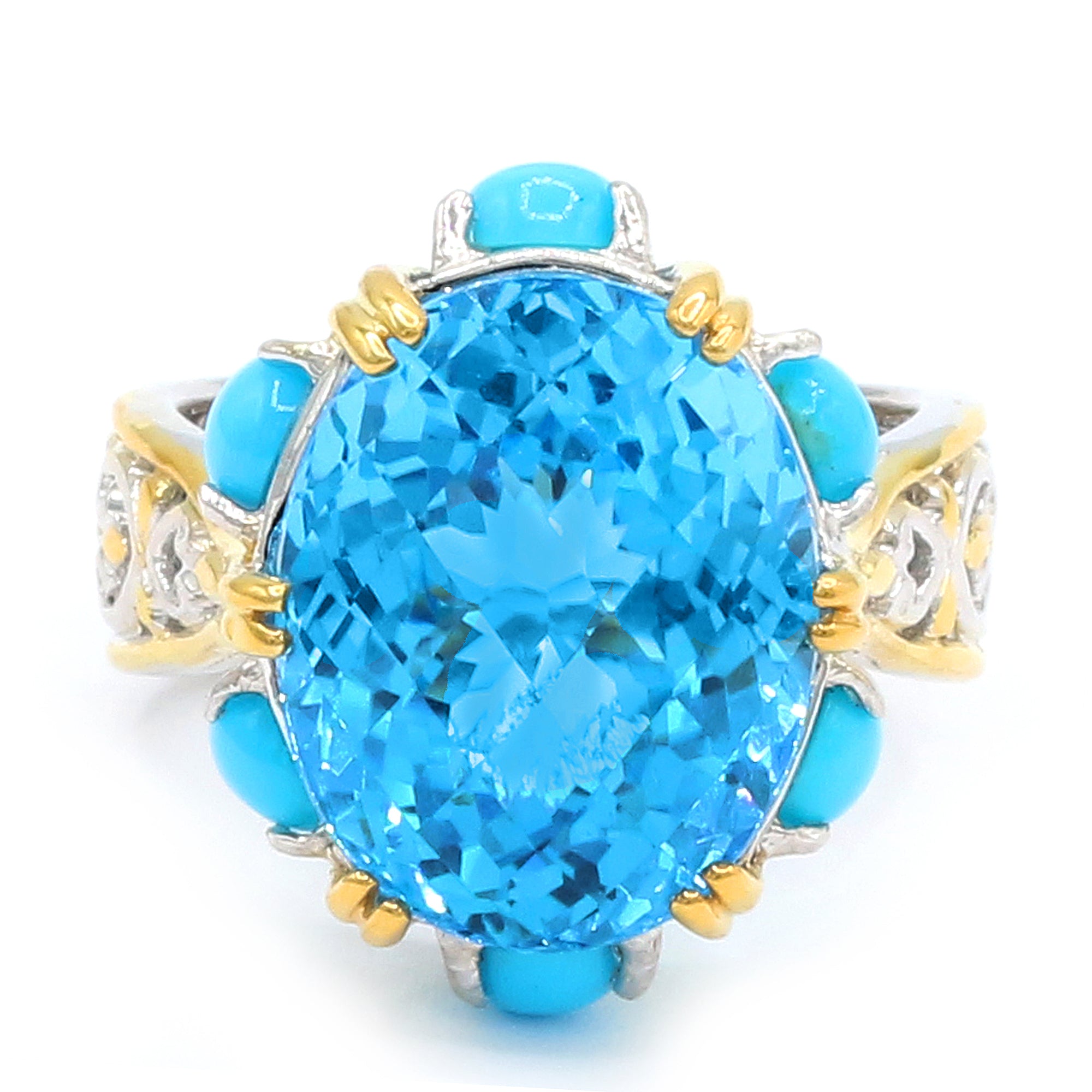 Couture Gems One-of-a-Kind 24K Palladium Silver 12.87ctw Super Swiss Blue Topaz & Sleeping Beauty Turquoise Ring