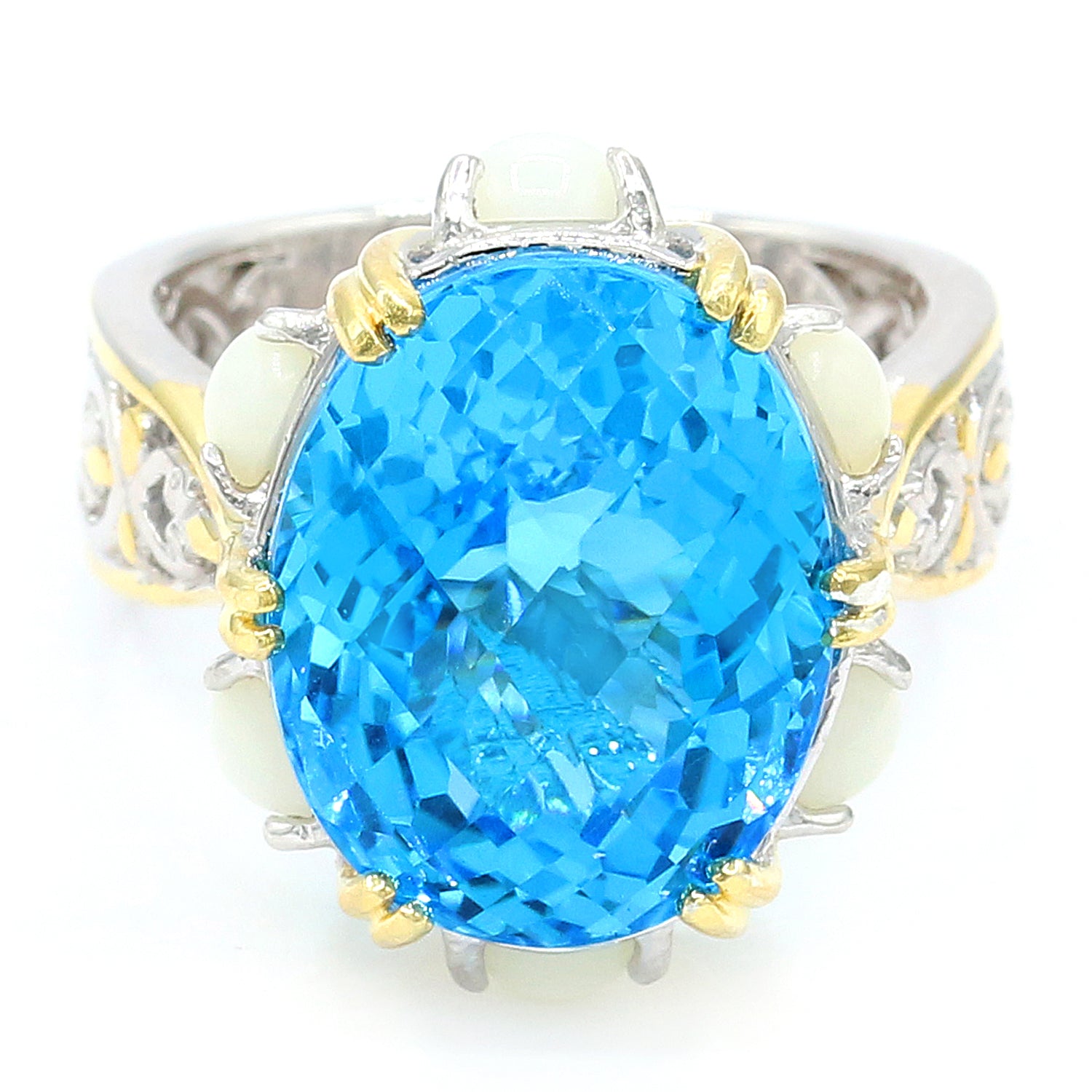 Gems en Vogue One-of-a-Kind 12.87ctw Super Swiss Blue Topaz & White Coral Ring