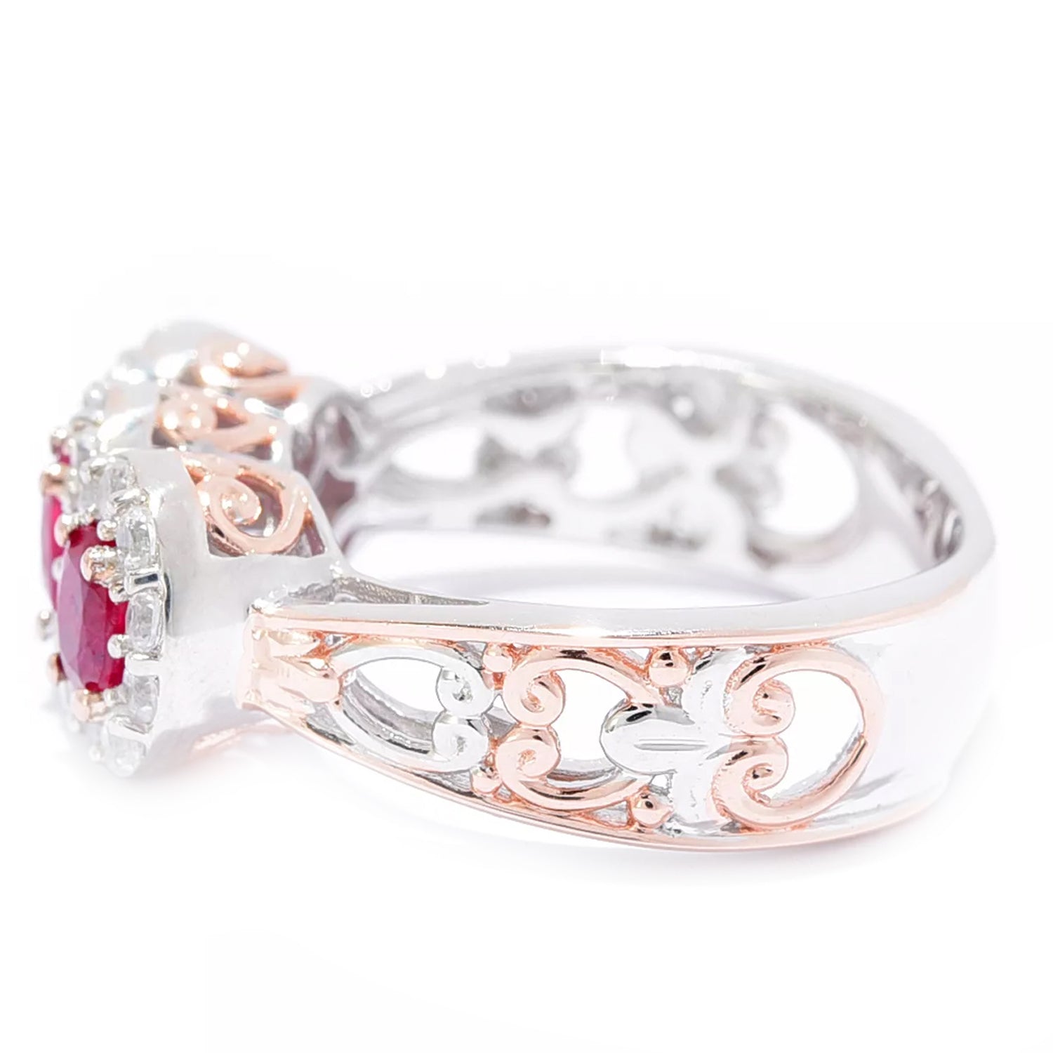 Gems en Vogue 1.73ctw Ruby & White Zircon Three Stone Halo Cluster Ring