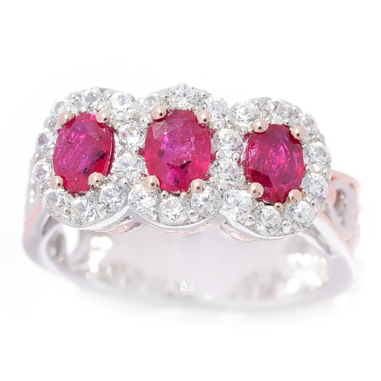 Gems en Vogue 1.73ctw Ruby & White Zircon Three Stone Halo Cluster Ring