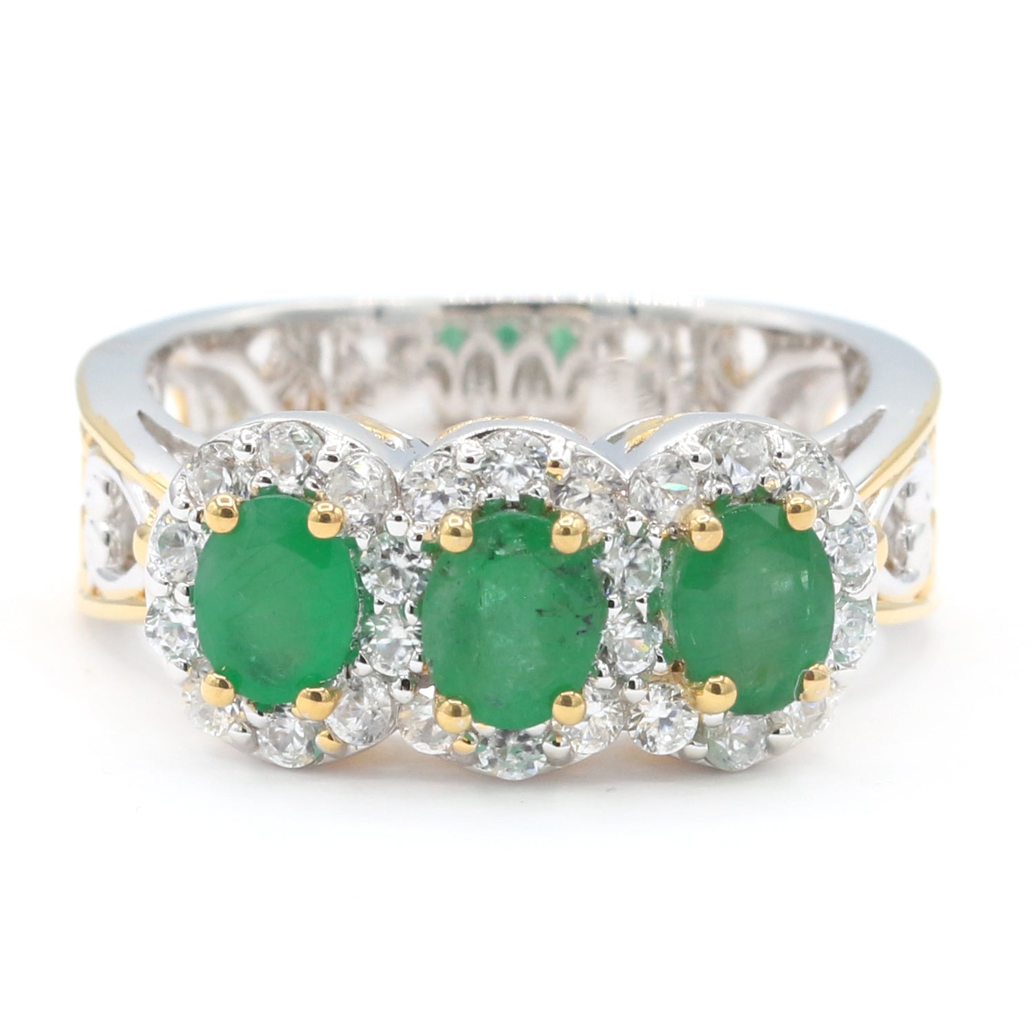Gems en Vogue 1.84ctw Grizzly Emerald & White Zircon Three Stone Cluster Ring