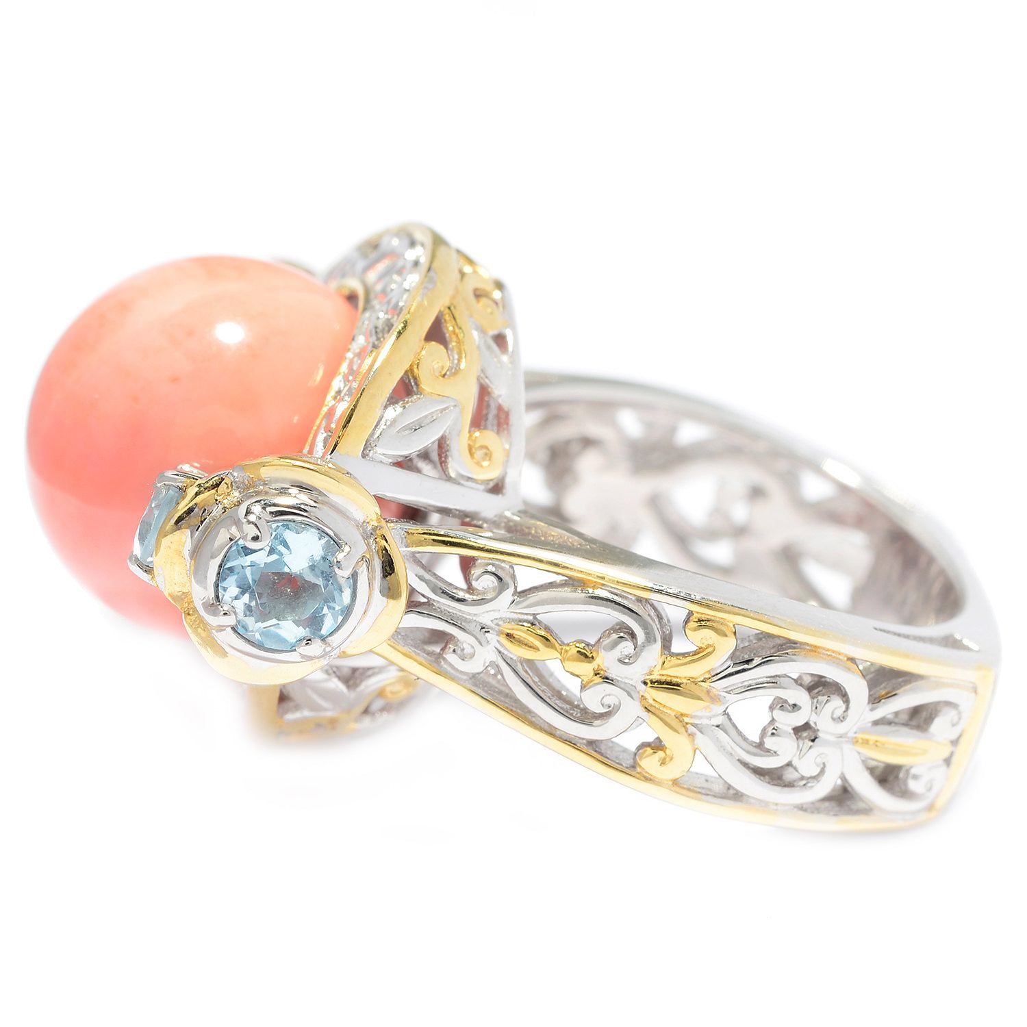 Gems en Vogue Salmon Coral Bead & Sky Blue Topaz Ring