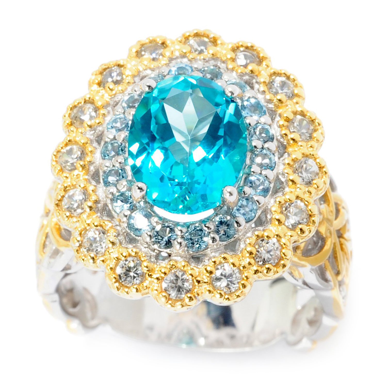 Gems en Vogue 3.74ctw Paraiba Topaz, Swiss Blue Topaz & White Zircon Double Halo Ring
