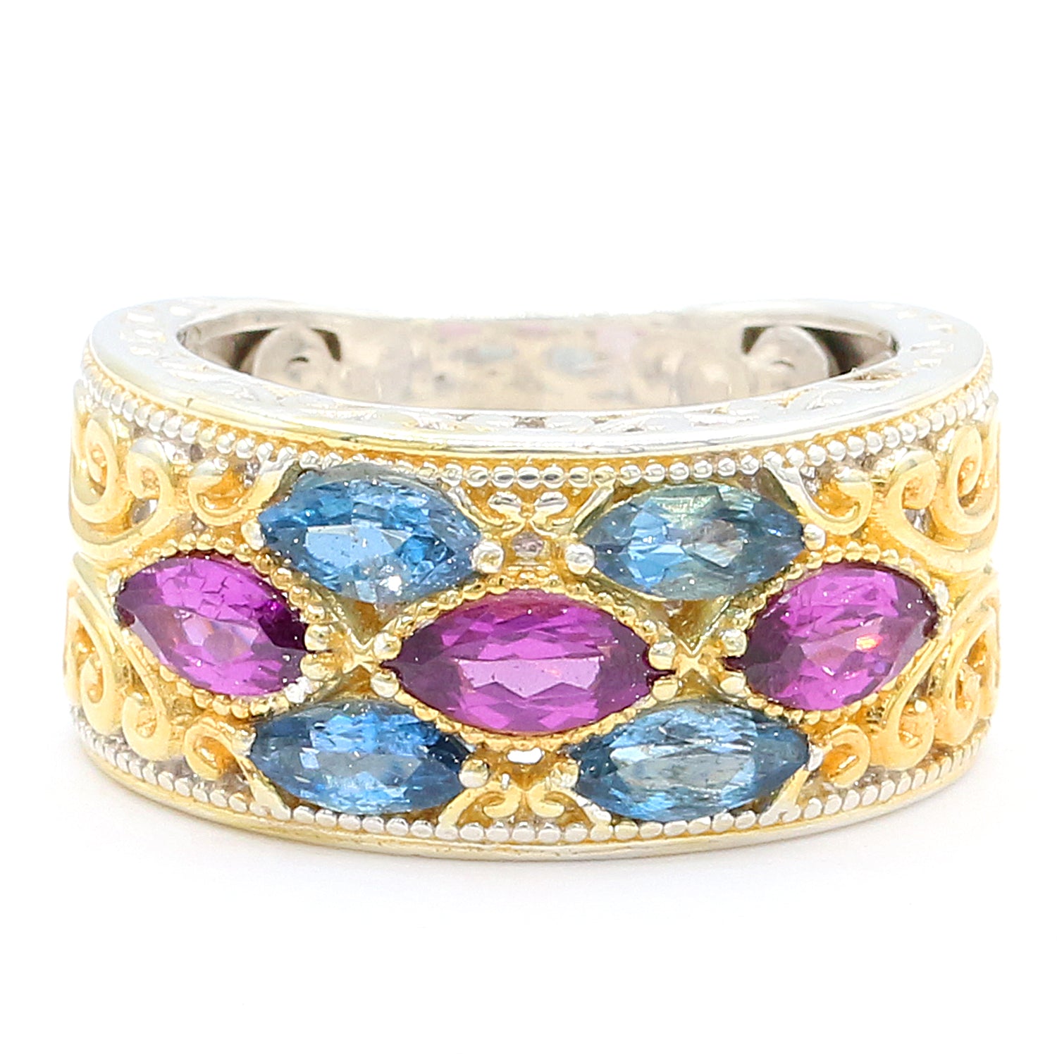 Gems en Vogue 2.42ctw Tanzanian Aquamarine & Purple Garnet Band Ring
