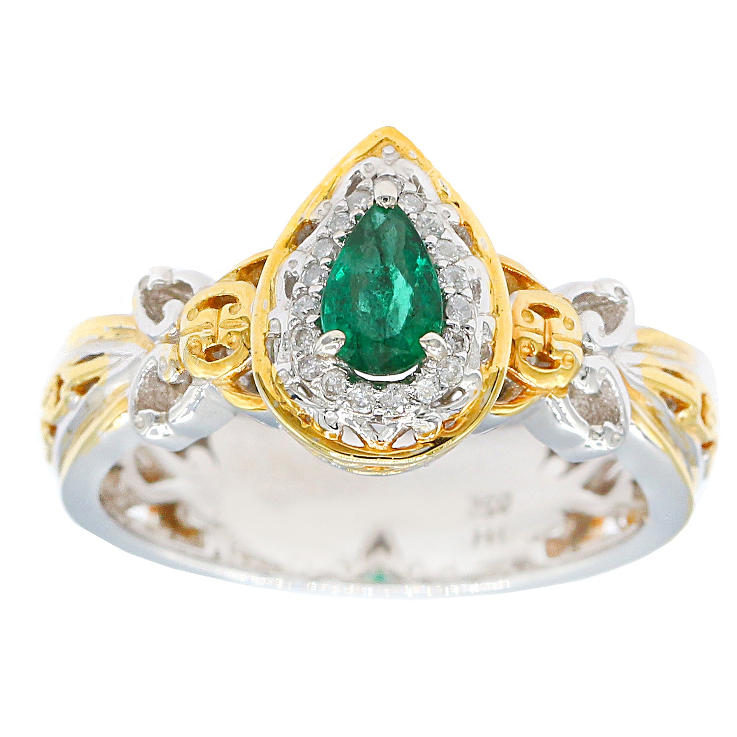 Gems en Vogue 0.49ctw Pear shaped Grizzly Emerald & white zircon Halo Ring