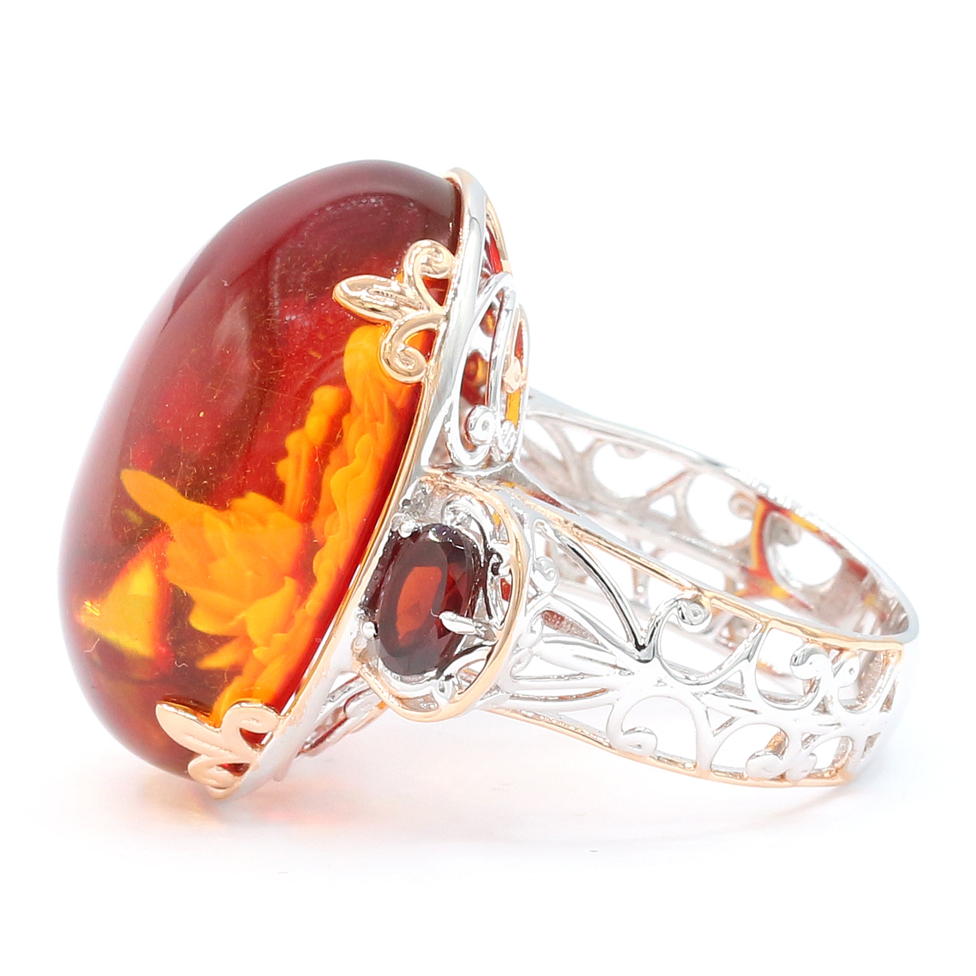 Gems en Vogue 24K Palladium Silver Carved Lady Red Amber & Garnet Ring