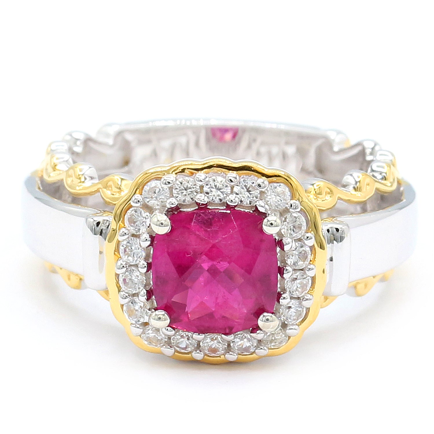 Gems en Vogue 1.89ctw Cushion Rubellite & White Zircon Halo Ring