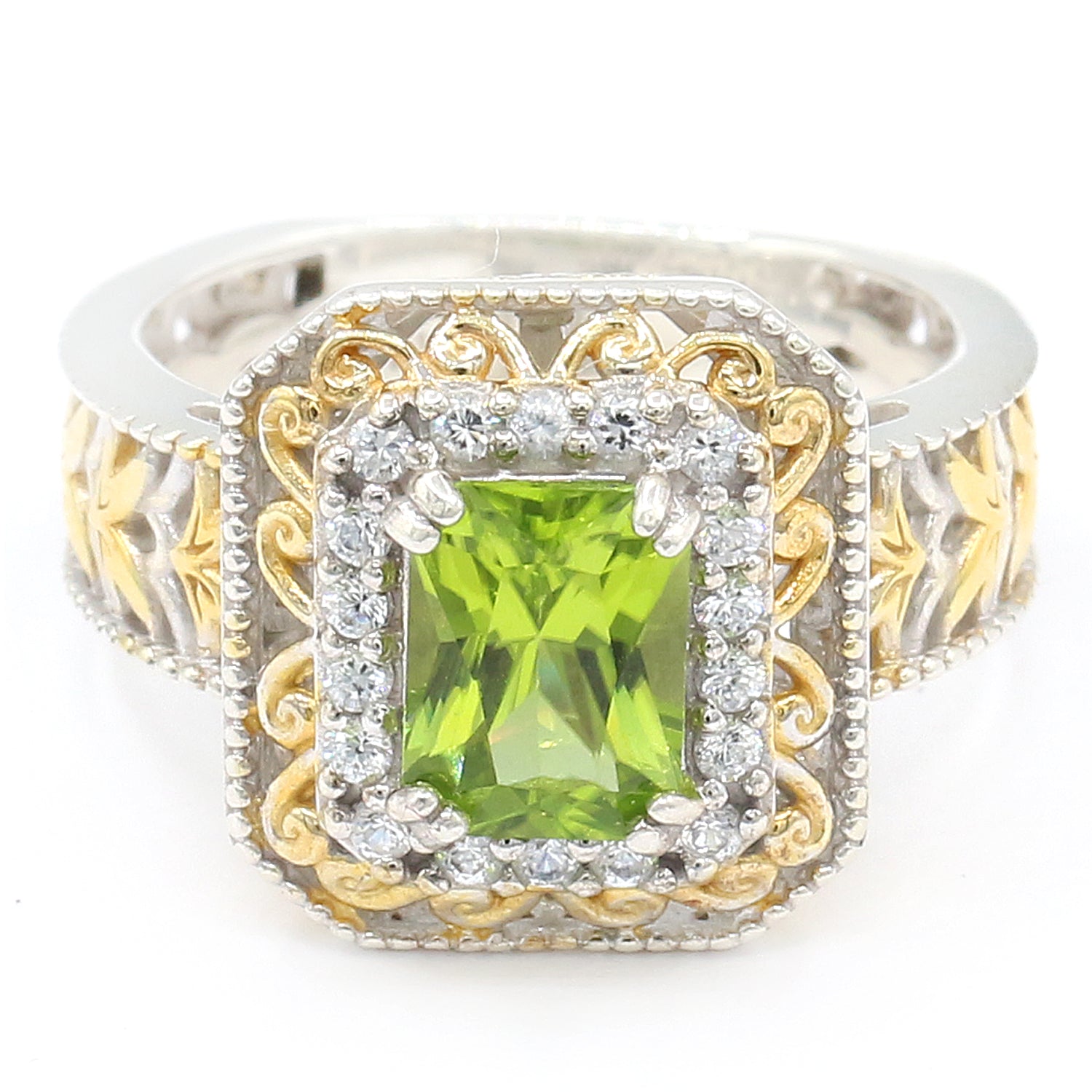 Gems en Vogue 2.11ctw Radiant Cut Peridot & White Zircon Halo Ring