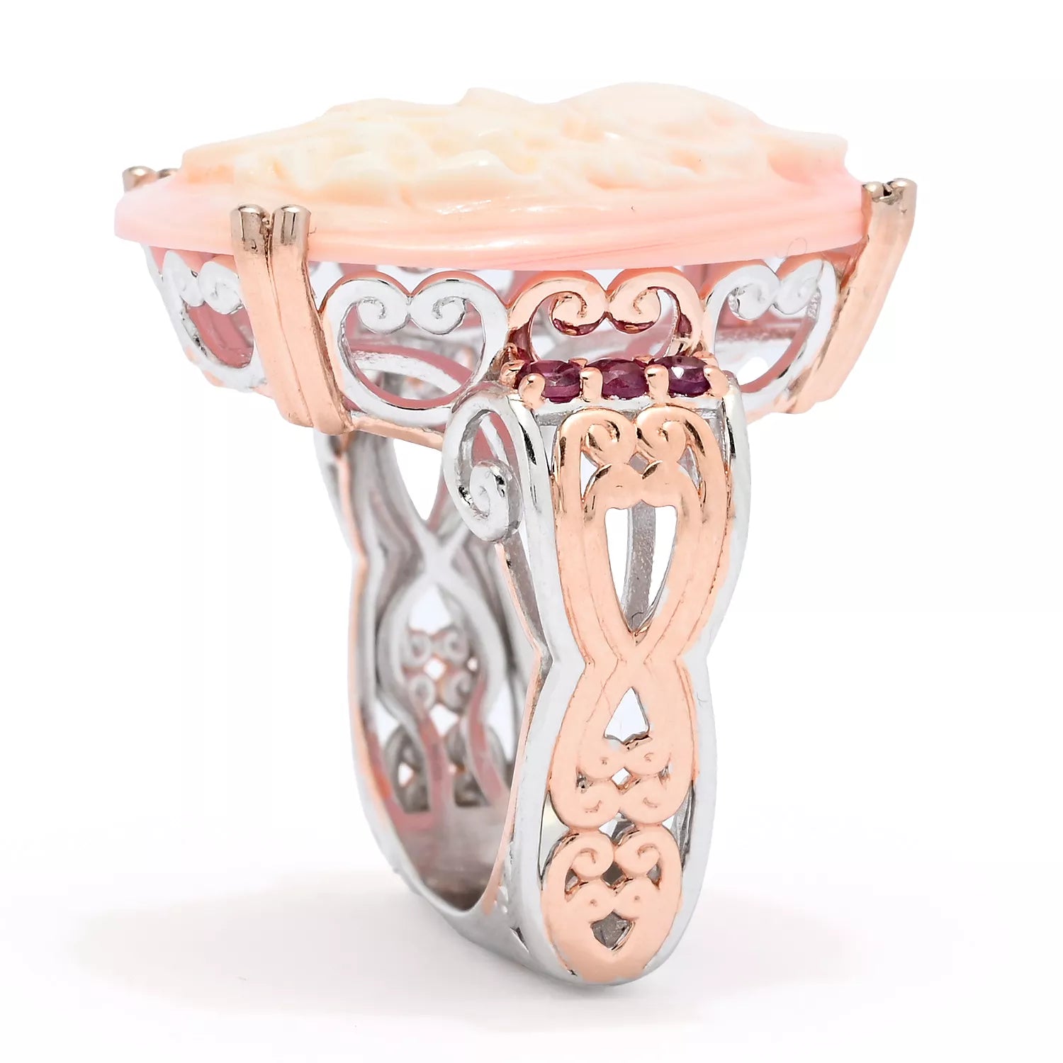 Gems en Vogue Carved Pink & White Flower Shell Cameo & Rhodolite Ring