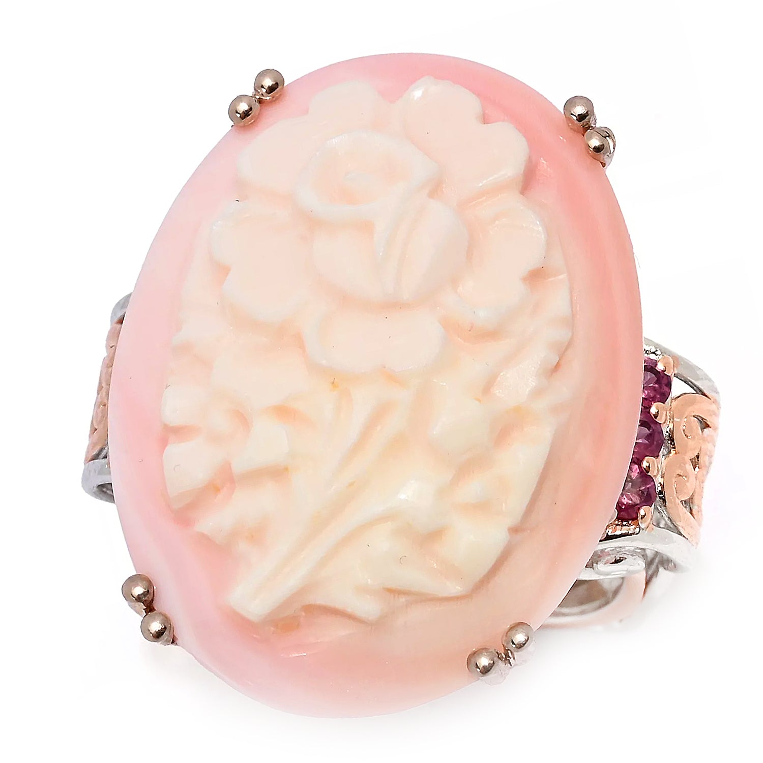 Gems en Vogue Carved Pink & White Flower Shell Cameo & Rhodolite Ring