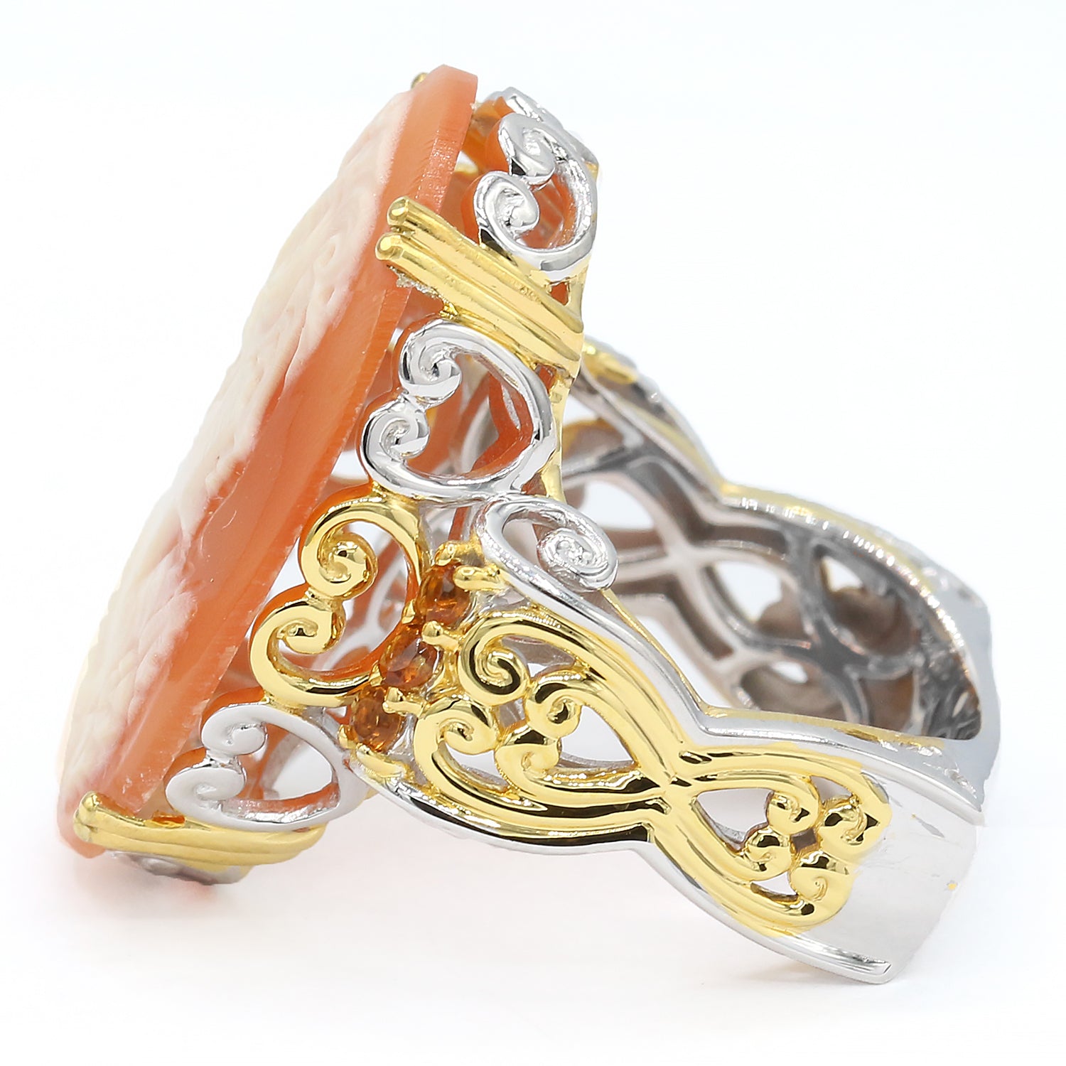 Gems en Vogue 24K Palladium Silver Carved Cameo & Madeira Citrine Lady Portrait Ring