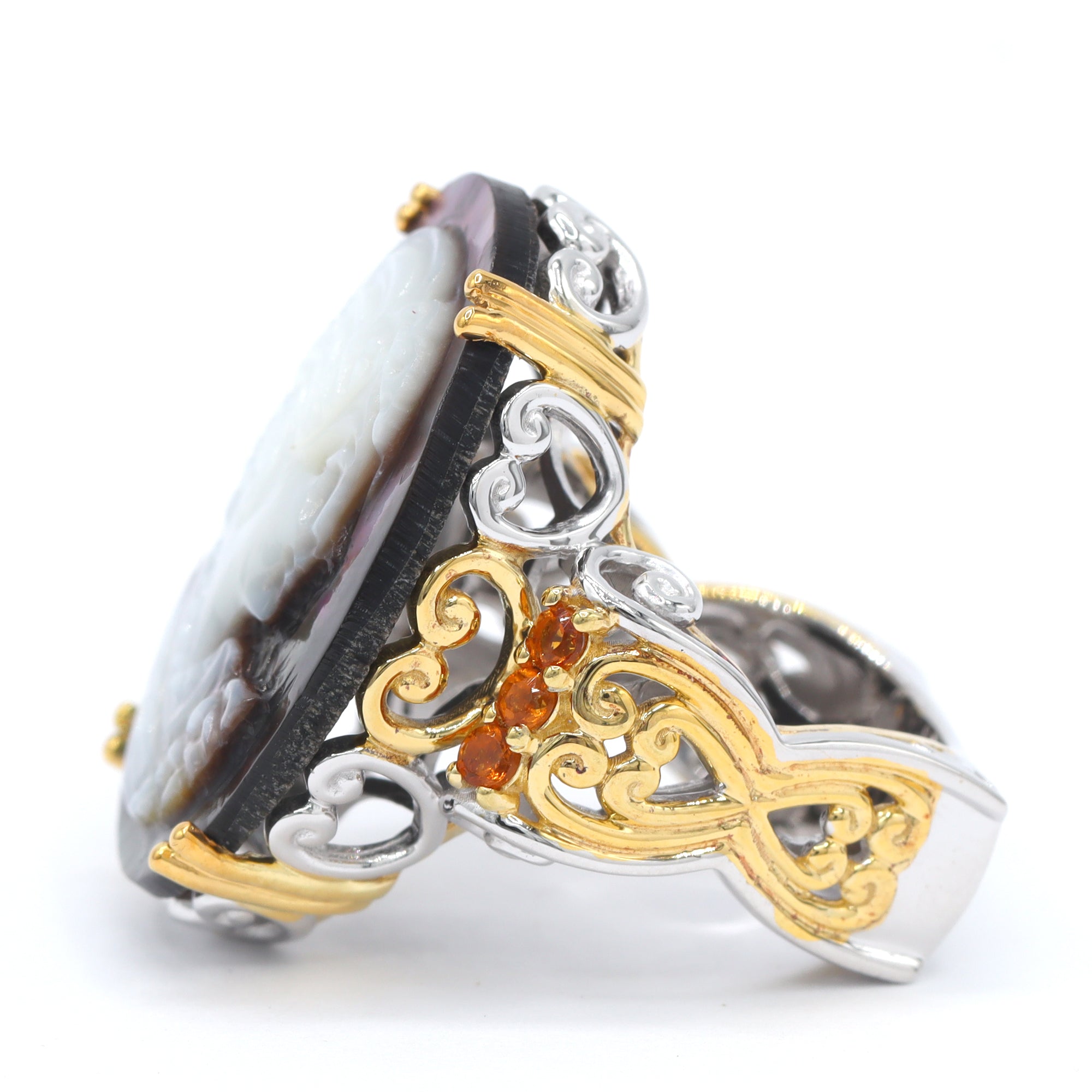 Gems en Vogue 24K Palladium Silver Tahitian Shell Cameo & Madeira Citrine Lady Portrait Ring