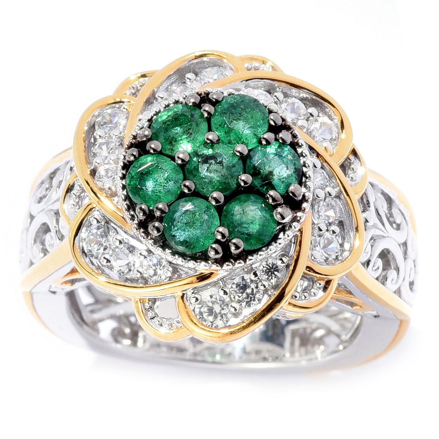Gems en Vogue 1.72ctw Grizzly Emerald & White Zircon Flower Ring