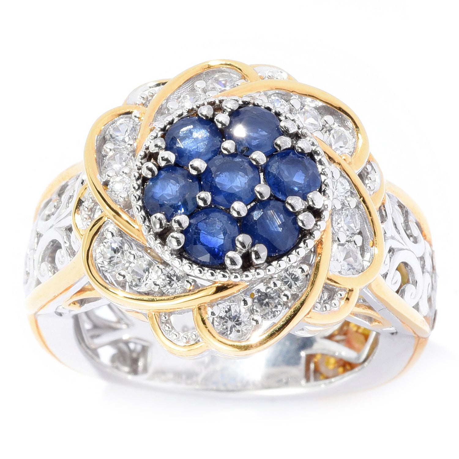 Gems en Vogue 1.72ctw Royal Blue Sapphire & White Zircon Flower Ring