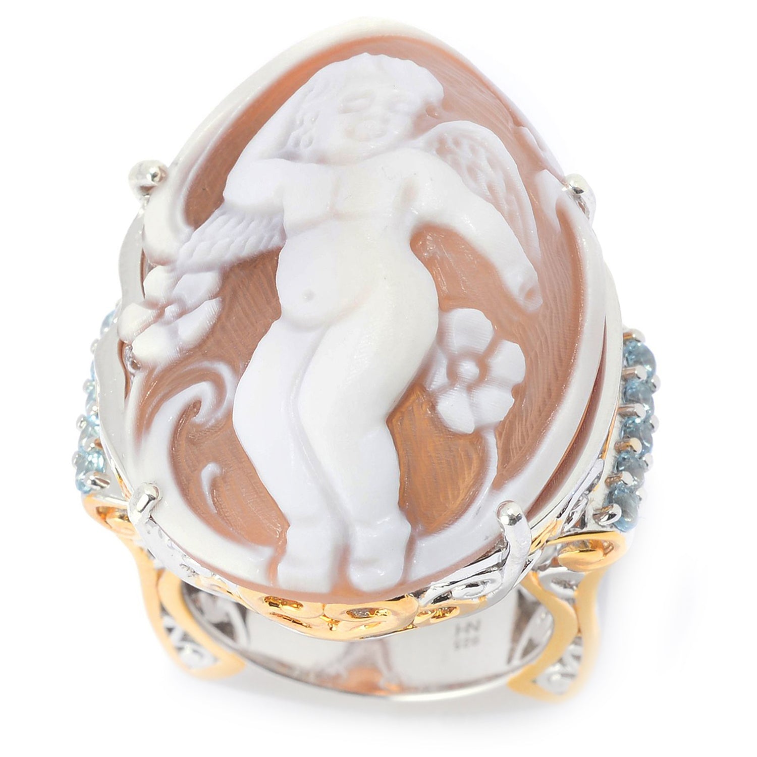 Gems en Vogue 15.40ctw High Relief Cameo & Sky Blue Topaz Cherub Ring