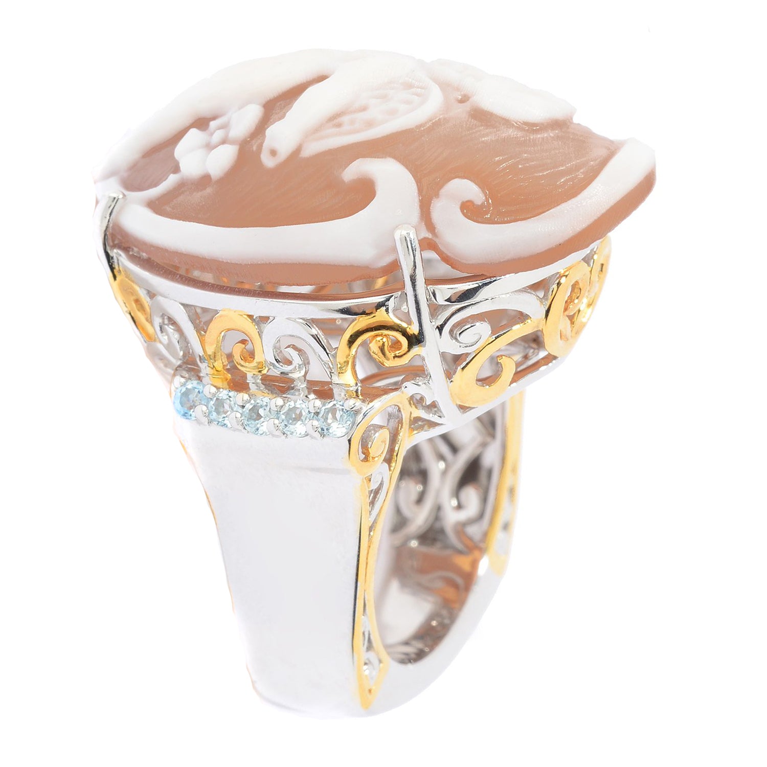 Gems en Vogue 15.40ctw High Relief Cameo & Sky Blue Topaz Cherub Ring