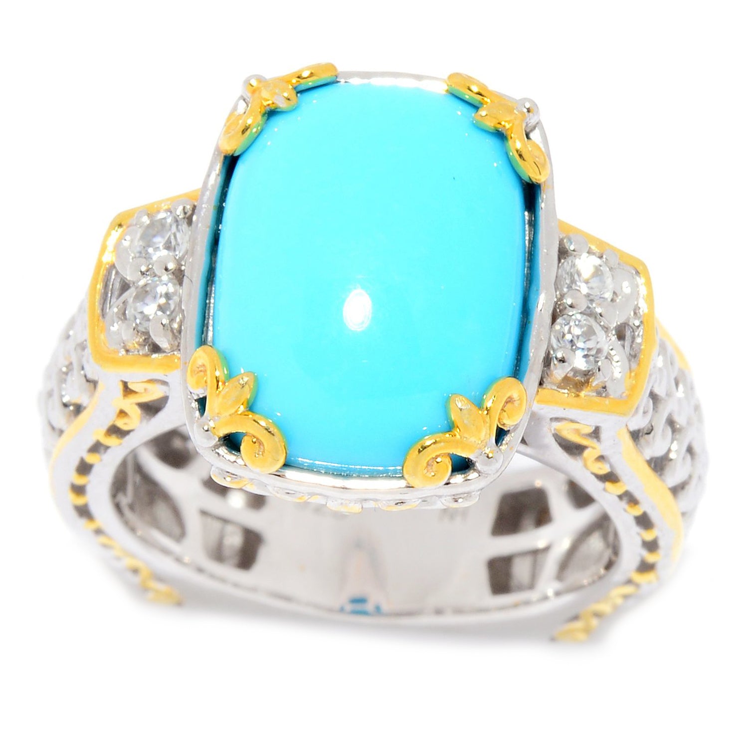 Gems en Vogue Cushion Sleeping Beauty Turquoise & White Zircon Ring