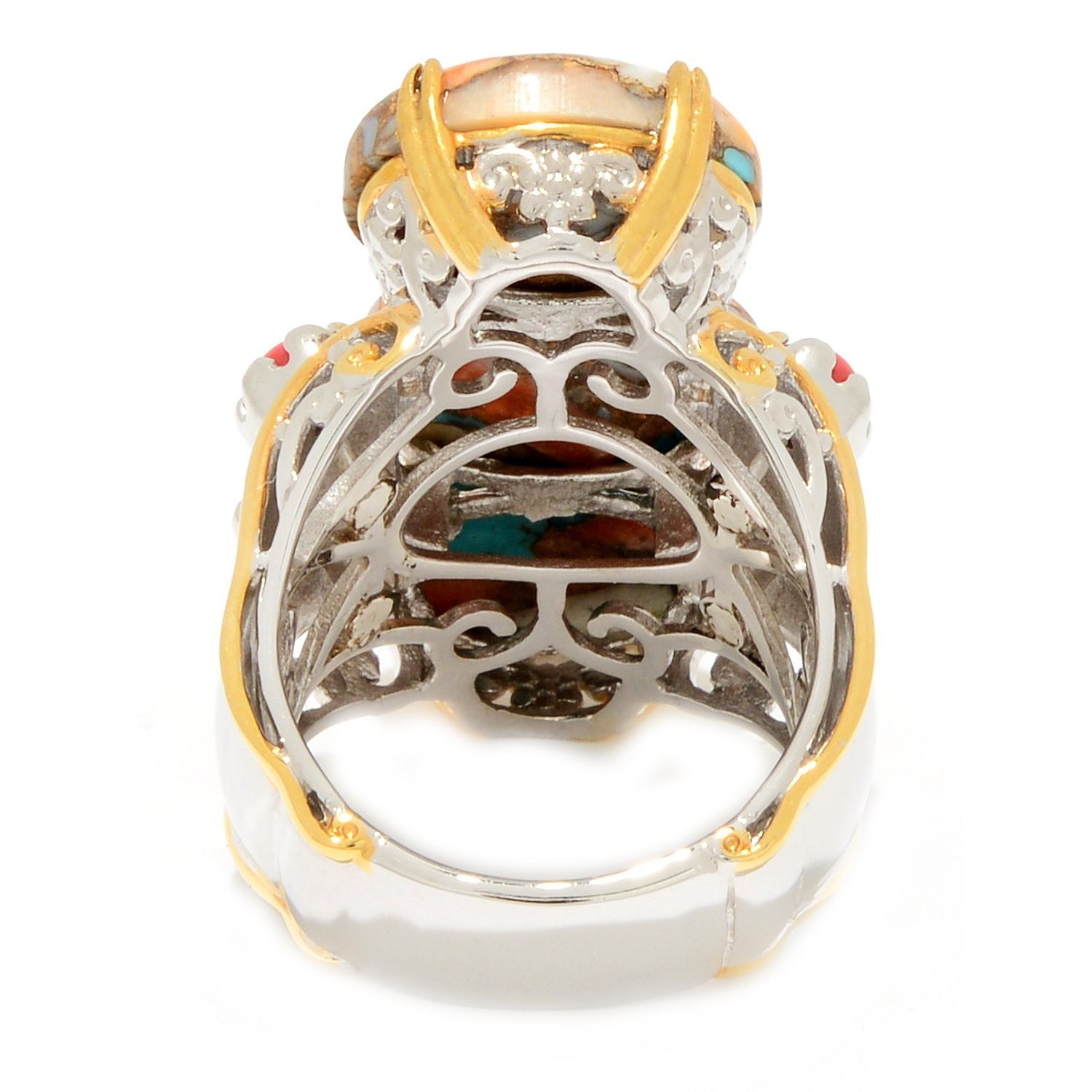 Gems en Vogue Spiny Oyster Turquoise & Bamboo Coral North-South Three Stone Ring