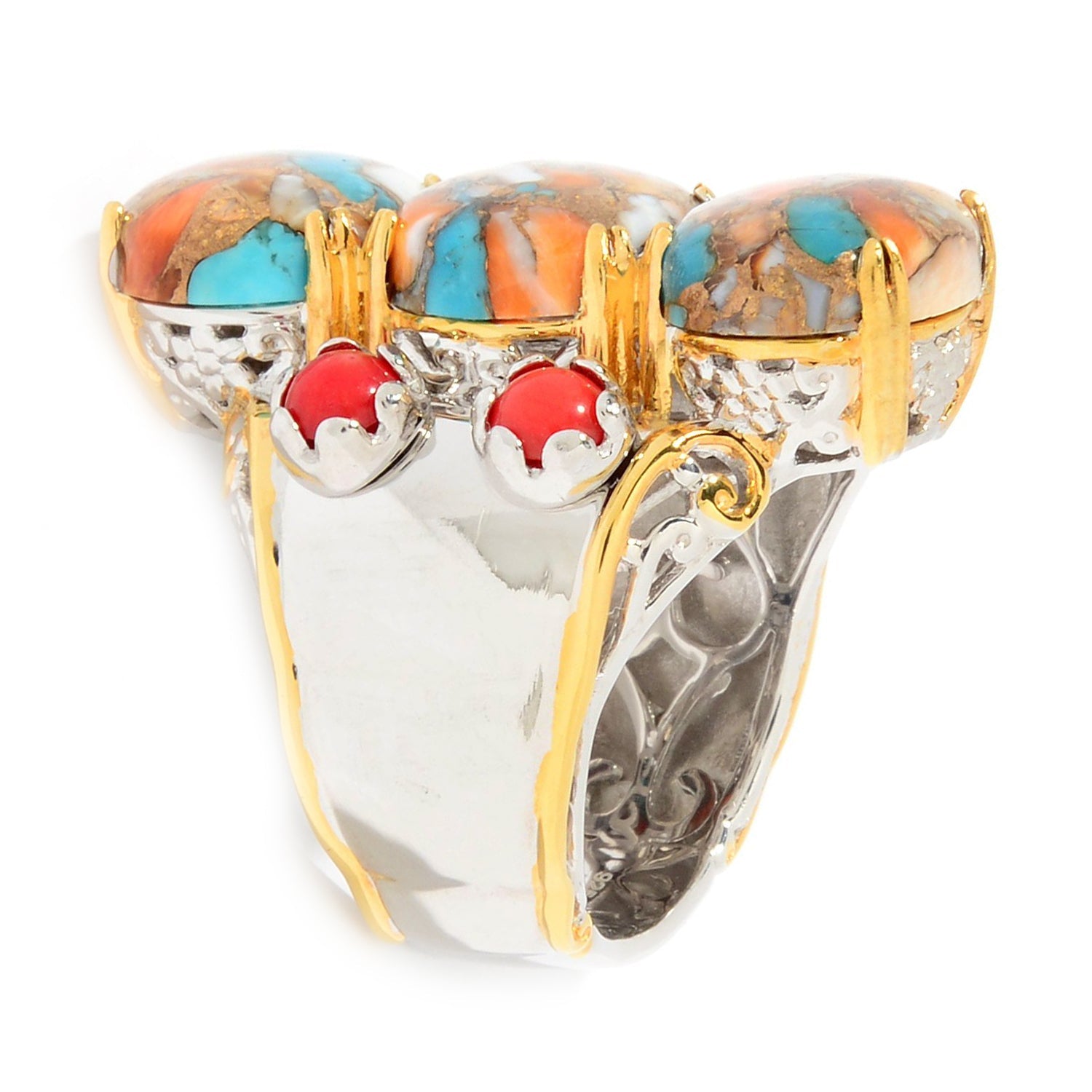 Gems en Vogue Spiny Oyster Turquoise & Bamboo Coral North-South Three Stone Ring