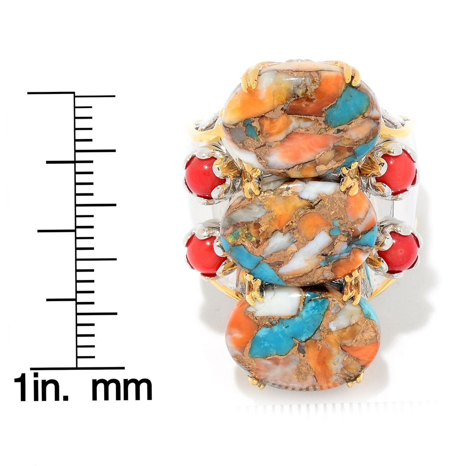 Gems en Vogue Spiny Oyster Turquoise & Bamboo Coral North-South Three Stone Ring