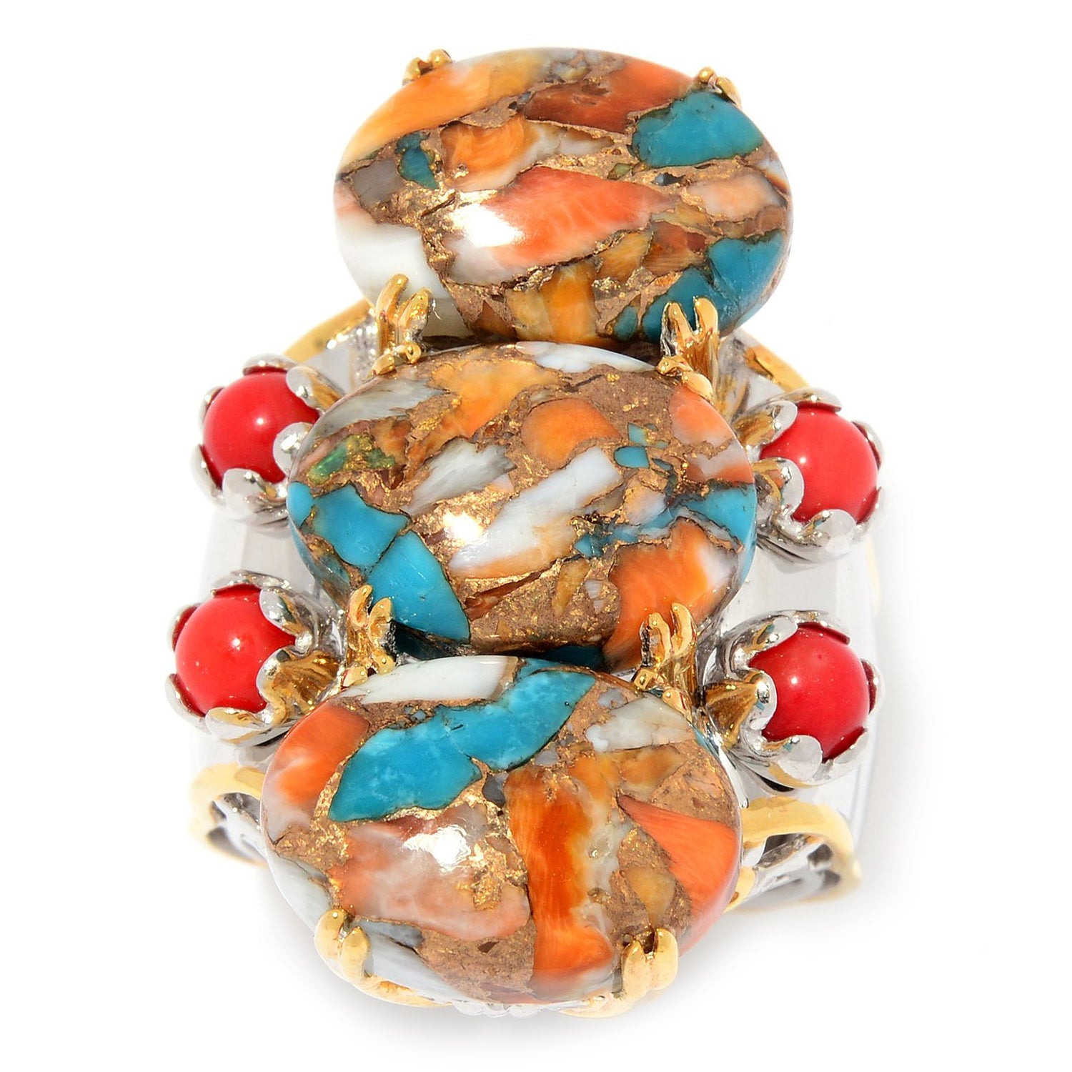 Gems en Vogue Spiny Oyster Turquoise & Bamboo Coral North-South Three Stone Ring