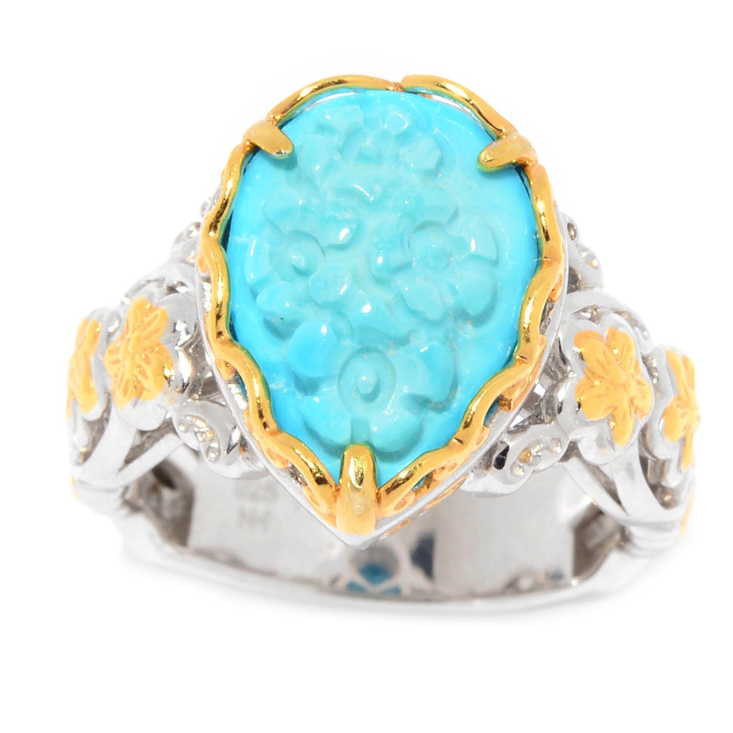 Gems en Vogue 24K Palladium Silver Kingman Turquoise Carved Flower Ring