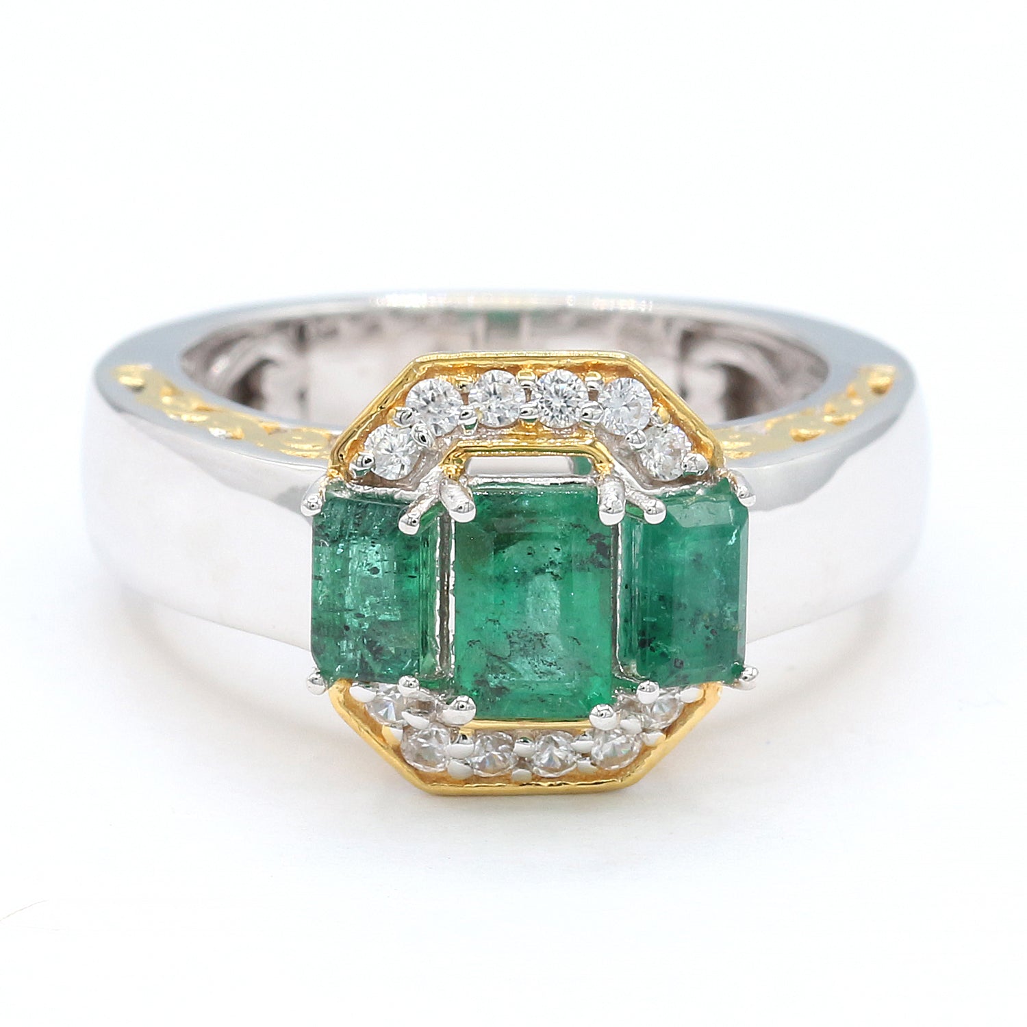 Gems en Vogue 1.43ctw Grizzly Emerald & White Zircon Three Stone Ring