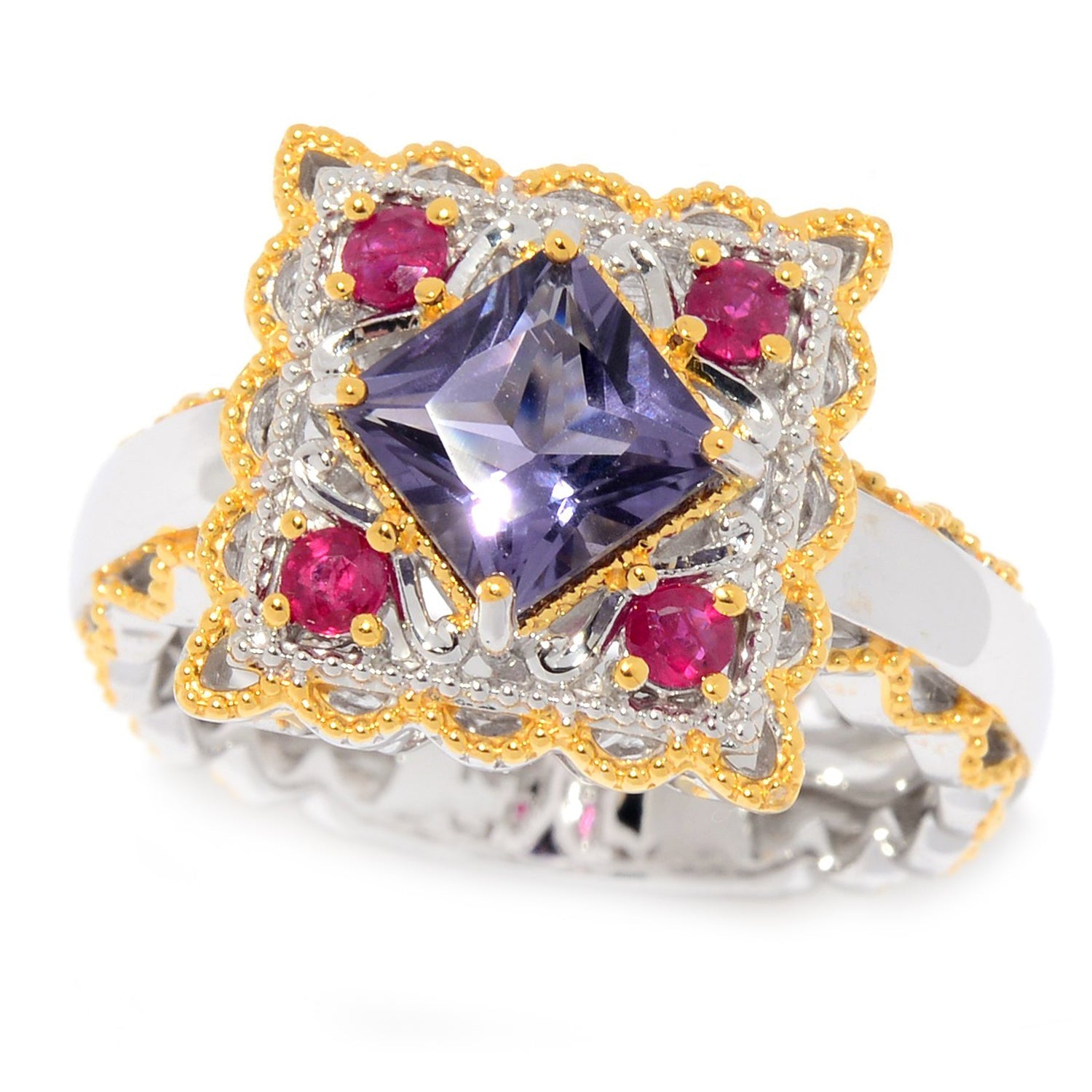 Gems en Vogue 2.40ctw Princess Cut Blue Amethyst & Blue Sapphire or Ruby Ring