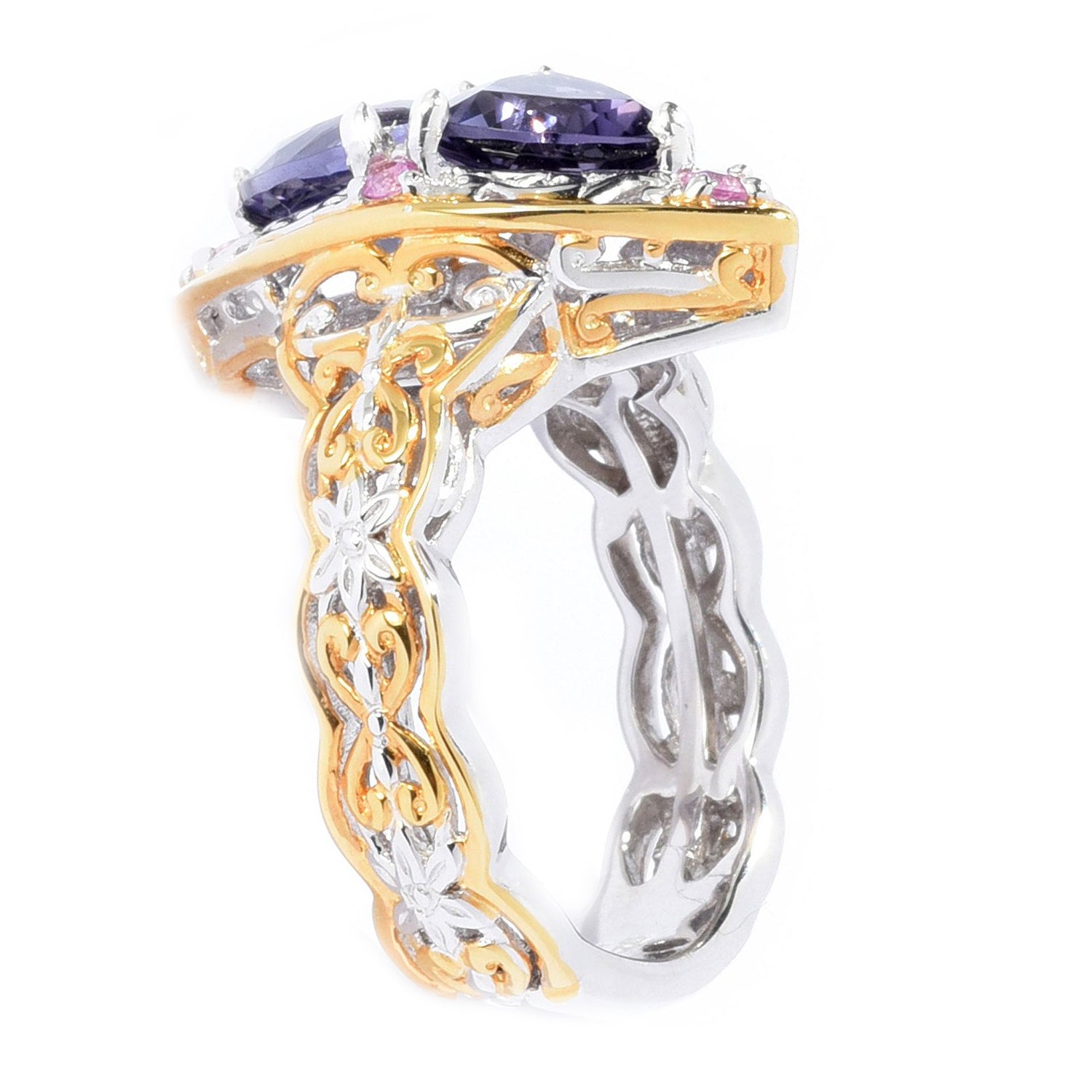 Gems en Vogue 2.14ctw Trillion Blue Amethyst & Pink Sapphire Ring