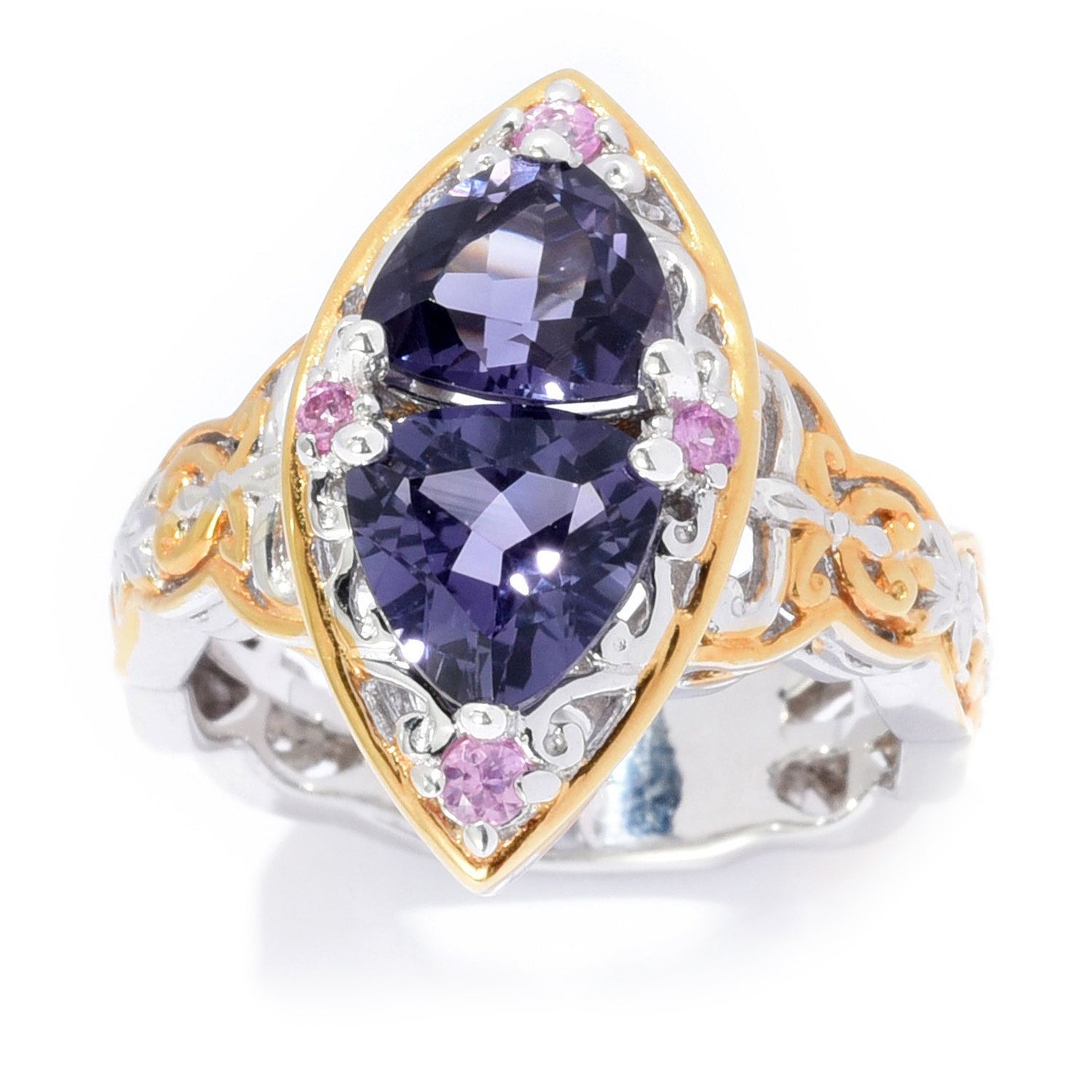 Gems en Vogue 2.14ctw Trillion Blue Amethyst & Pink Sapphire Ring