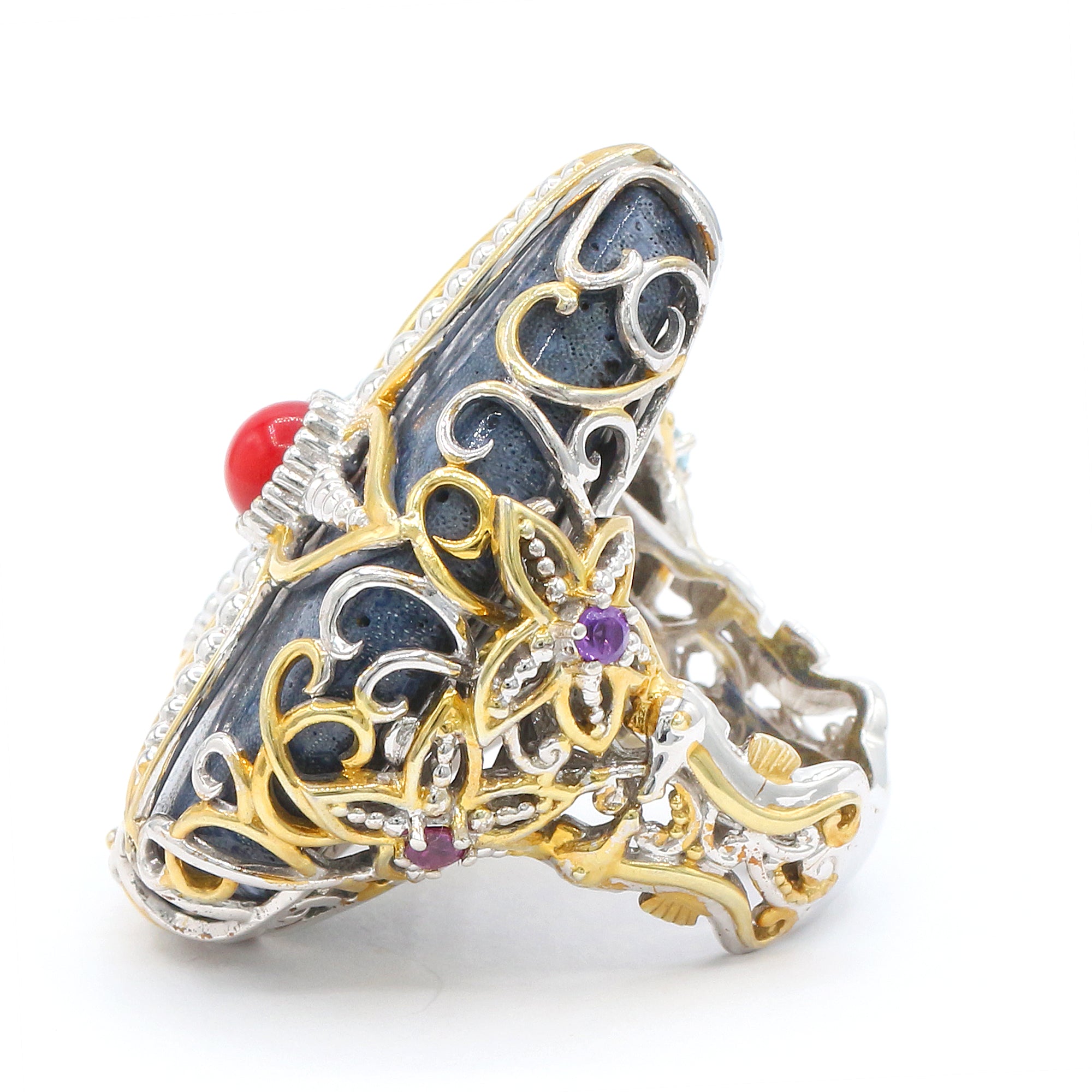 Gems en Vogue 24K Palladium Silver Blue Coral & Multi Gemstones Starfish Sealife Ring
