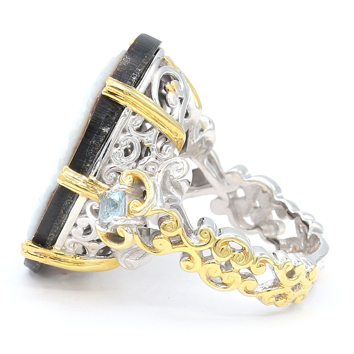 Gems en Vogue 13.36ctw Tahitian Shell Cameo & Sky Blue Topaz Lady Portrait Ring