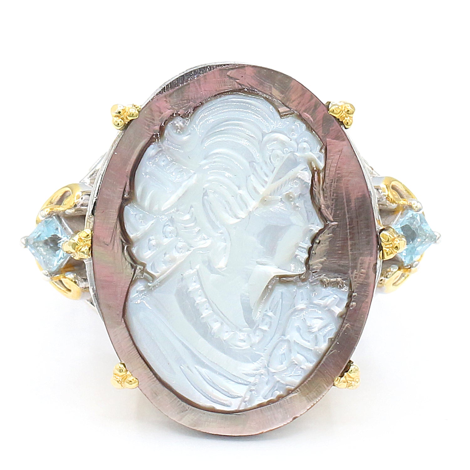 Gems en Vogue 13.36ctw Tahitian Shell Cameo & Sky Blue Topaz Lady Portrait Ring
